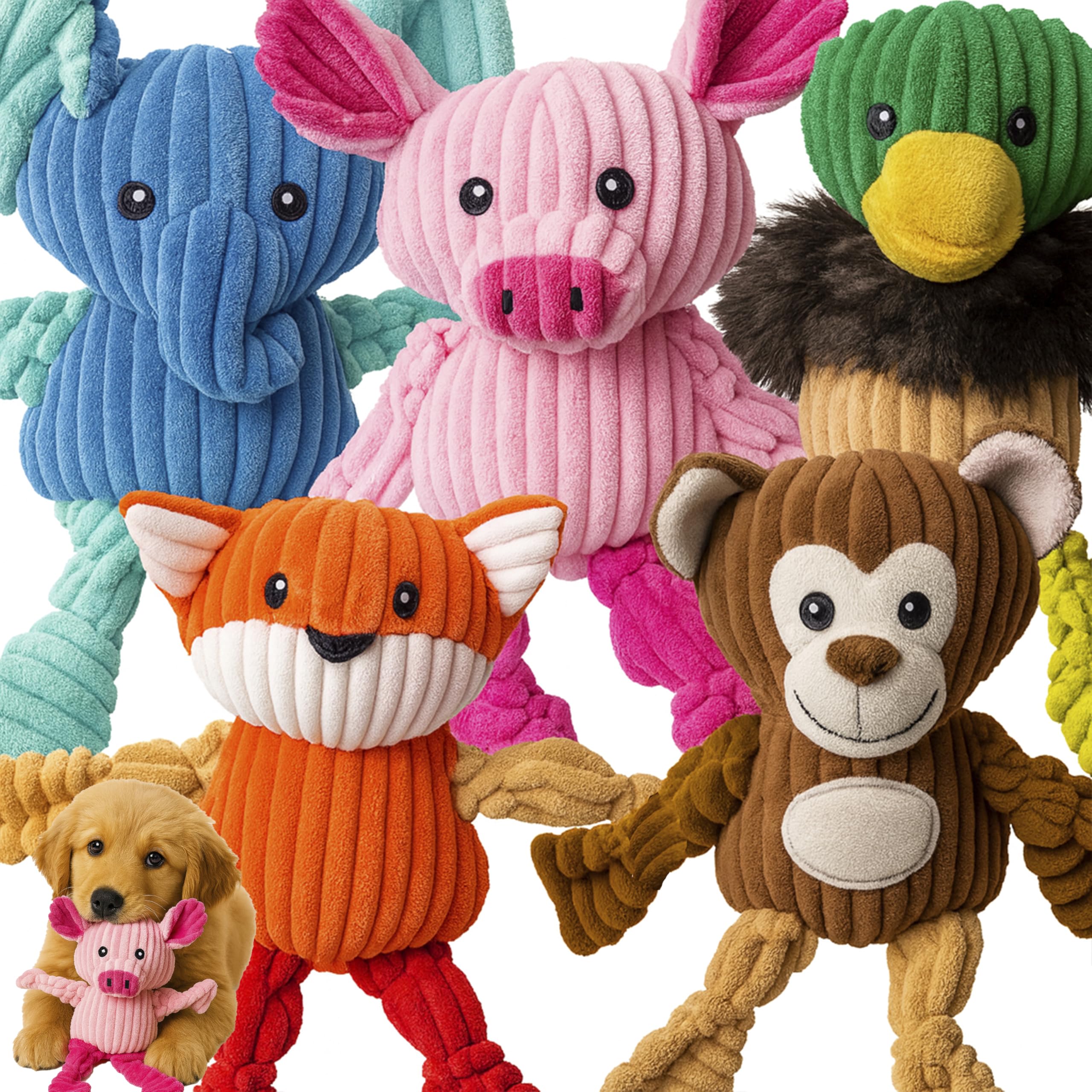 Jalousie Plush Toys Assortment Value Bundle Puppy Pet Mutt Squeak Toy for Medium Large Dogs (5 Pack Knotted)