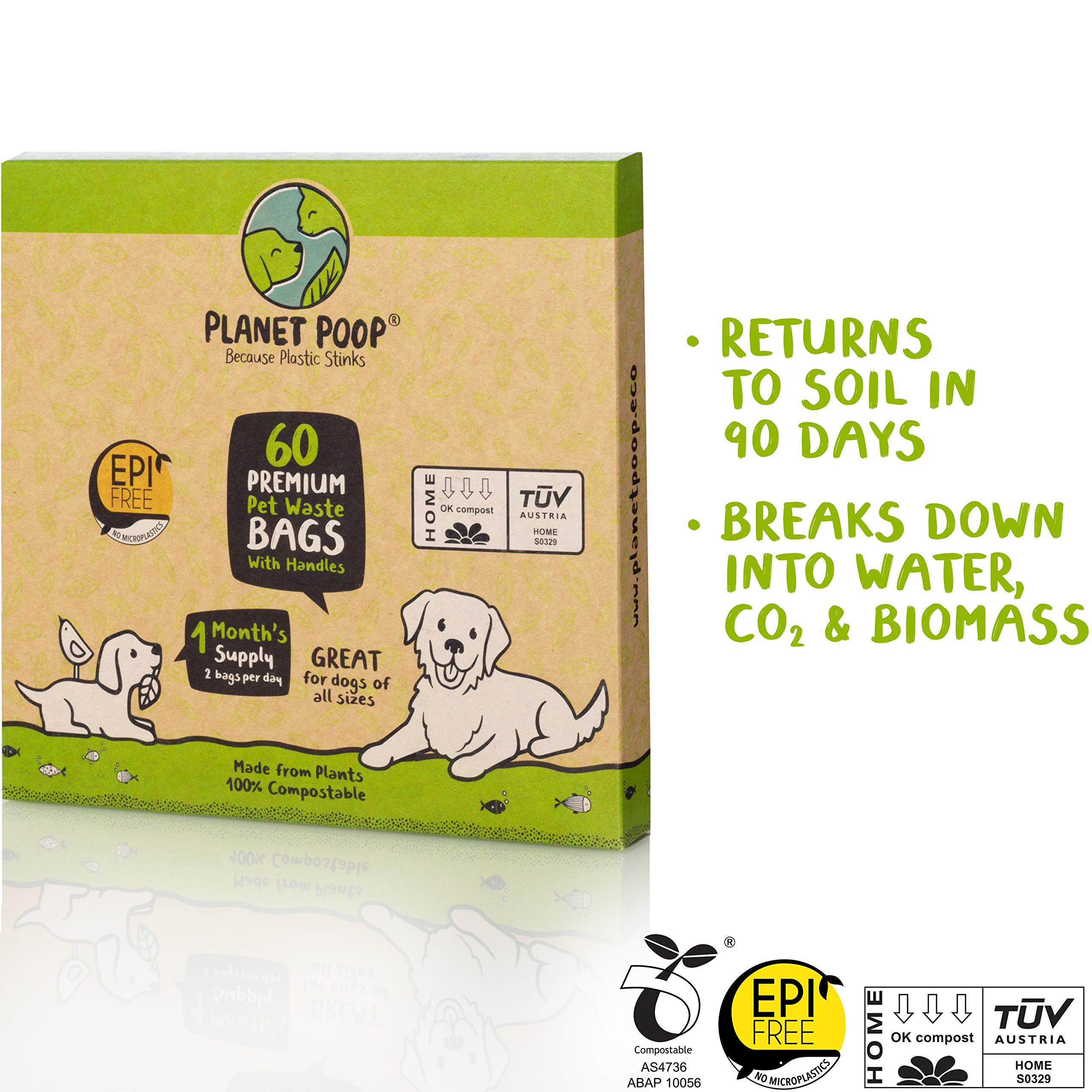 Planet Poop Home Compostable Dog Poop Bags With Handles, Large Single Roll 200 Grab & Go, Un-Scented Pet Waste Bag, Leakproof Fo