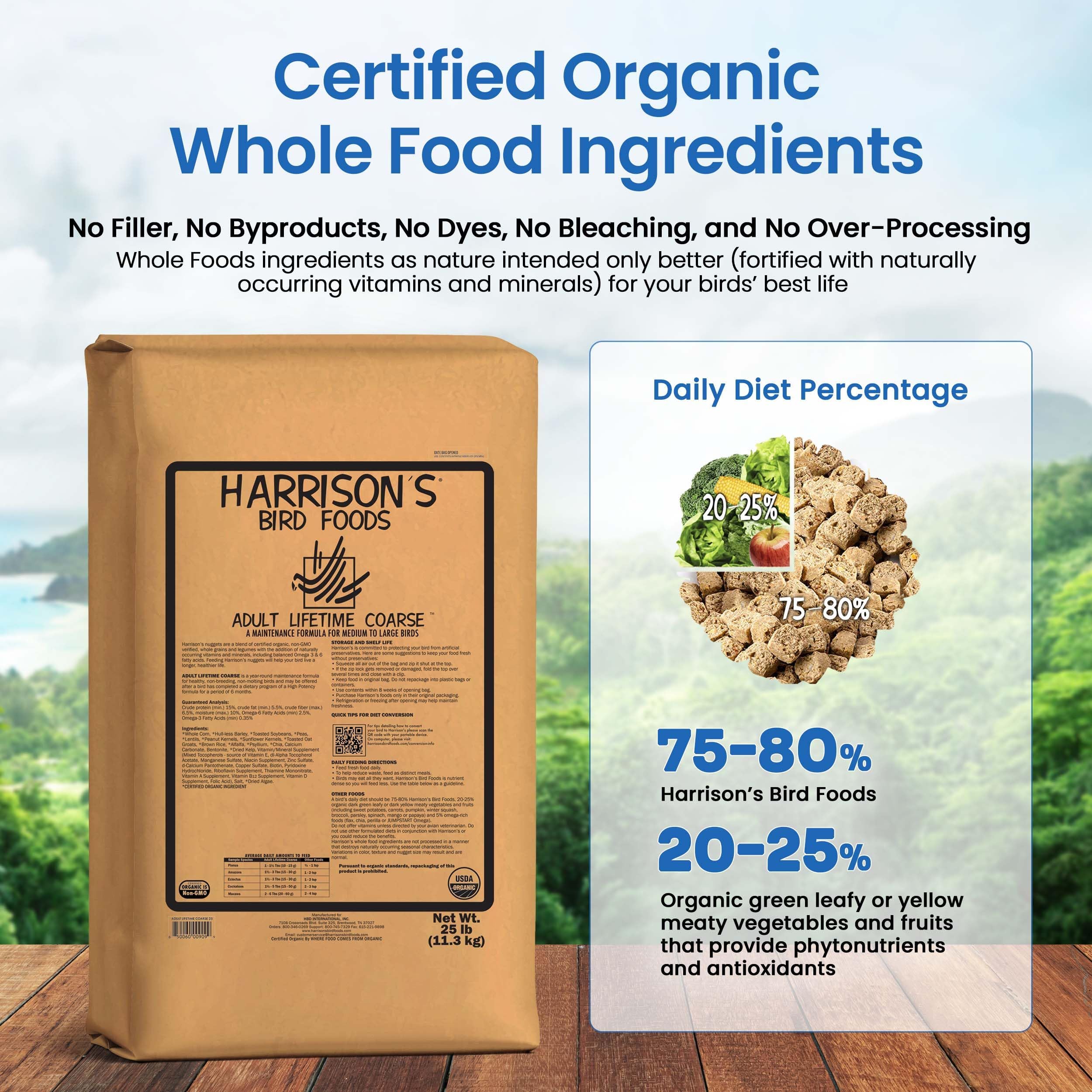 Harrisons Bird Foods Adult Lifetime Coarse Certified Organic Non-GMO Bird Food 25lb