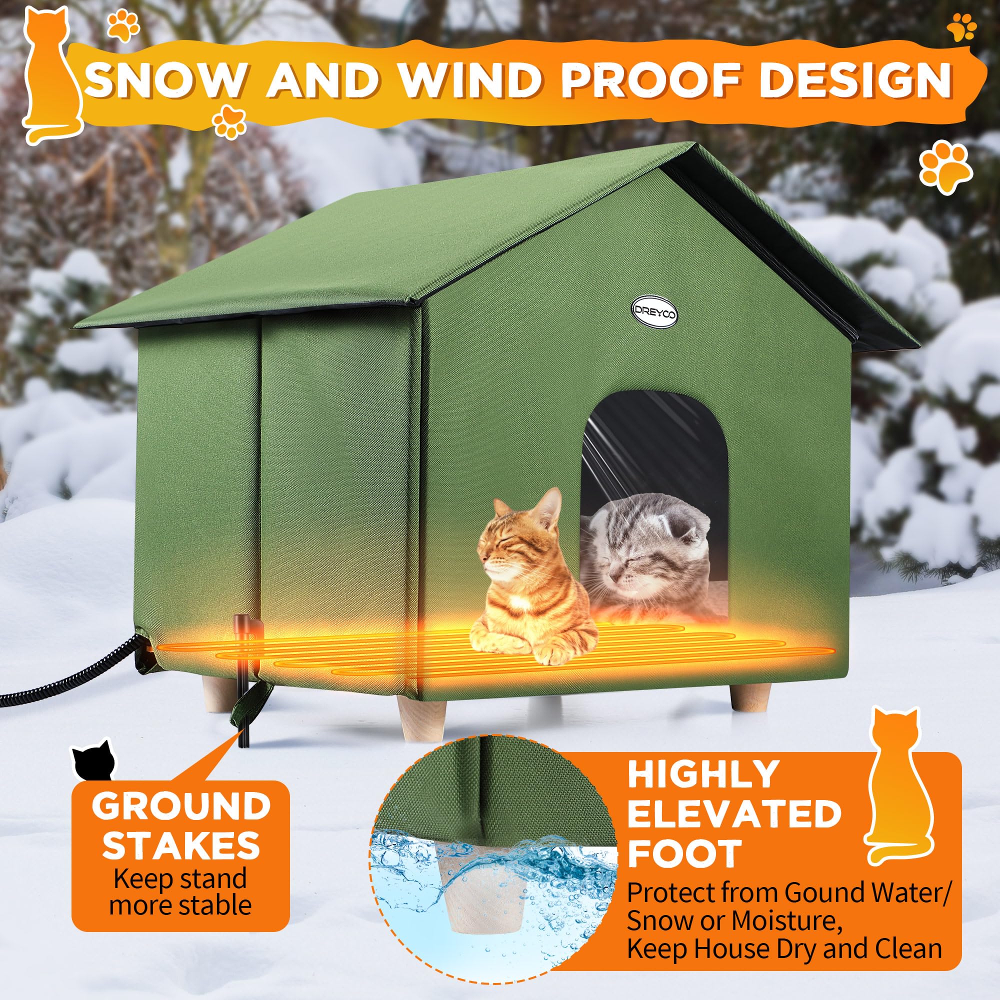 Dreyoo 1 Pack Heated Cat House Plus Size 18 X 20 X 16 Inches, Weatherproof Outdoor Cat Shelter With Heating Pad Mat, Warm Cat Ho