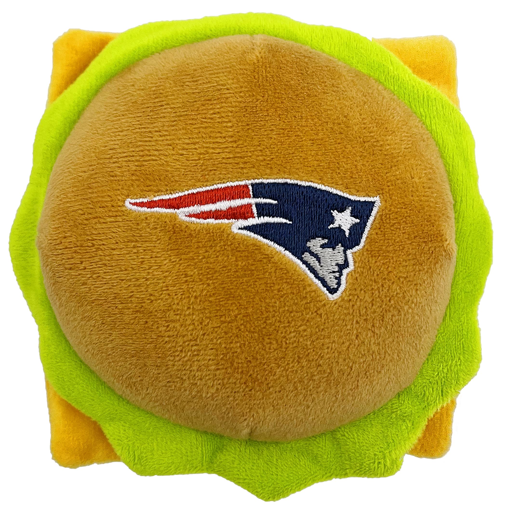 Pets First Nfl New England Patriots Cheese Burger Plush Dog & Cat Squeak Toy - Cutest Stadium Hamberger Snack Plush Toy For Dogs & Cats With Inner Squeaker & Beautiful Football Team Name/Logo