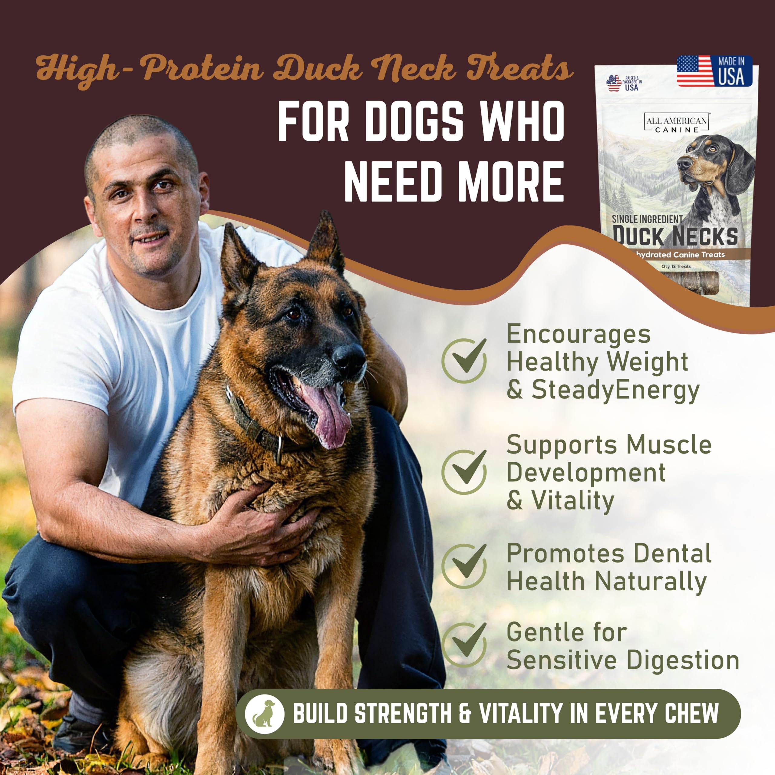All American Canine Natural Duck Neck Dog Treats - Single Ingredient, Dehydrated & Chewy - Low-Fat, High-Protein Training Reward