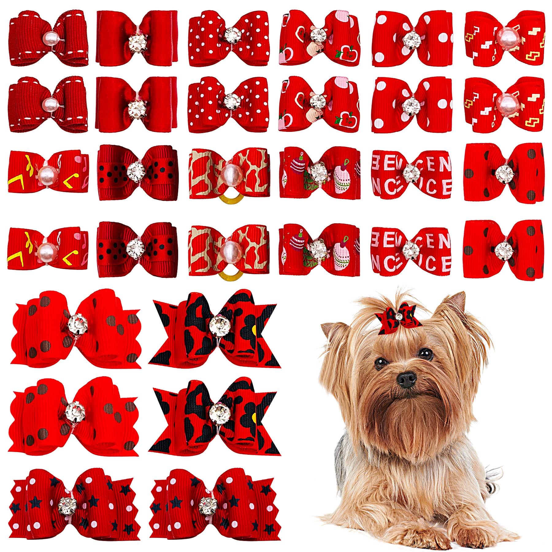 Pet Show Mixed Styles Pet Cat Puppy Topknot Small Dog Hair Bows With Rubber Bands Grooming Accessories Red Pack Of 20