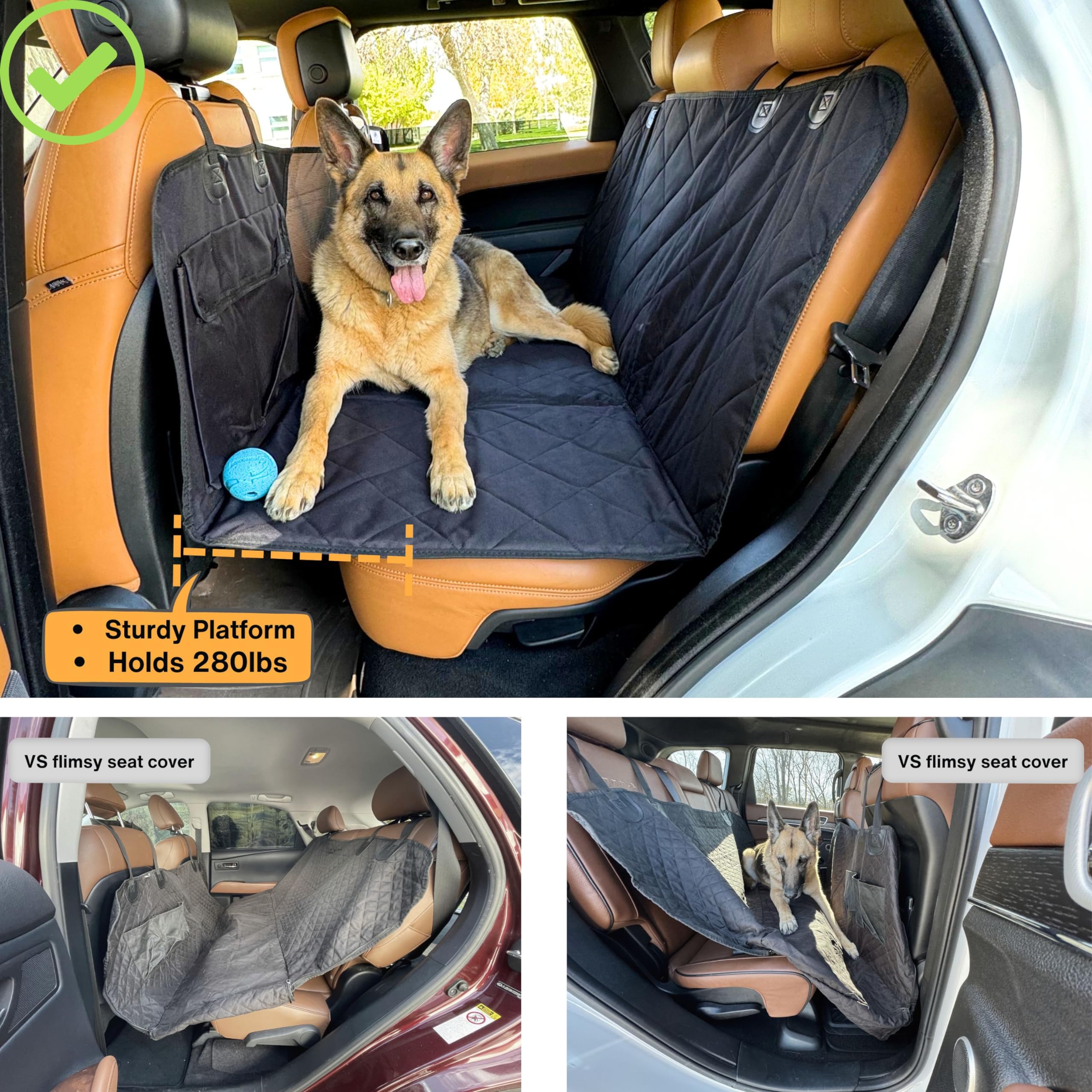 APetsPlanet Backseat Extender for Dogs, 100% Waterproof Hard Bottom Dog Car Seat Cover, Seat Extender with Mesh Window and Stora