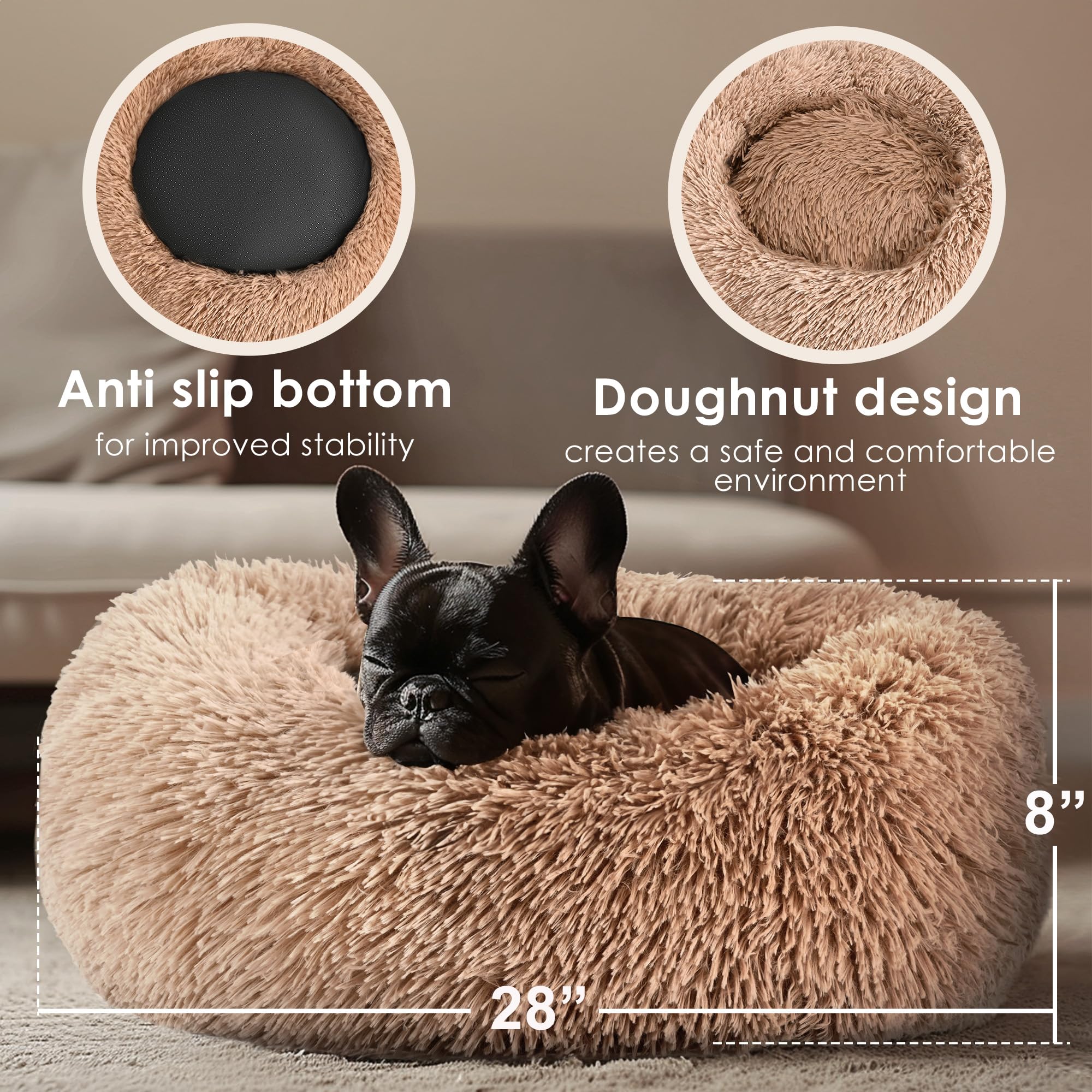 28In Large Dog Bed, Medium Size Dog And Cats, Calming Donut Bed For Puppy And Kitten, Washable Round Fluffy Pet Bed (Camel)
