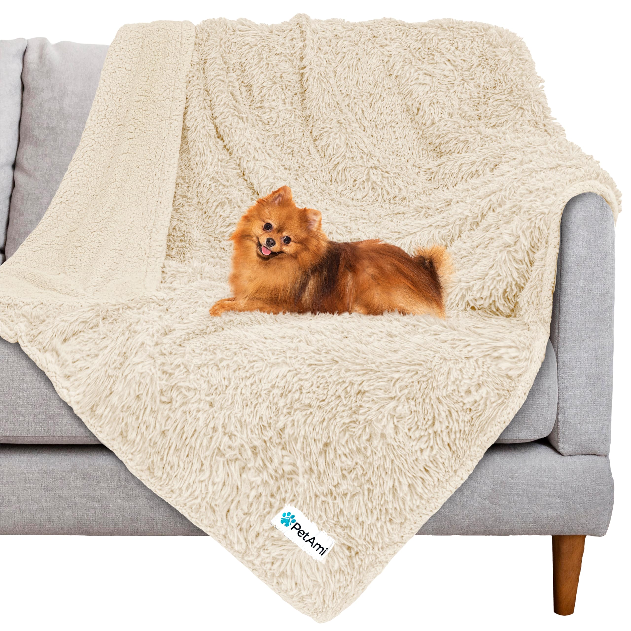 Petami Waterproof Dog Blanket For Small Medium Dogs, Calming Fleece Cat Blanket, Couch Protector Washable Sherpa Faux Fur Pet Throw For Puppy, Soft Reversible 29X40 Cream Beige
