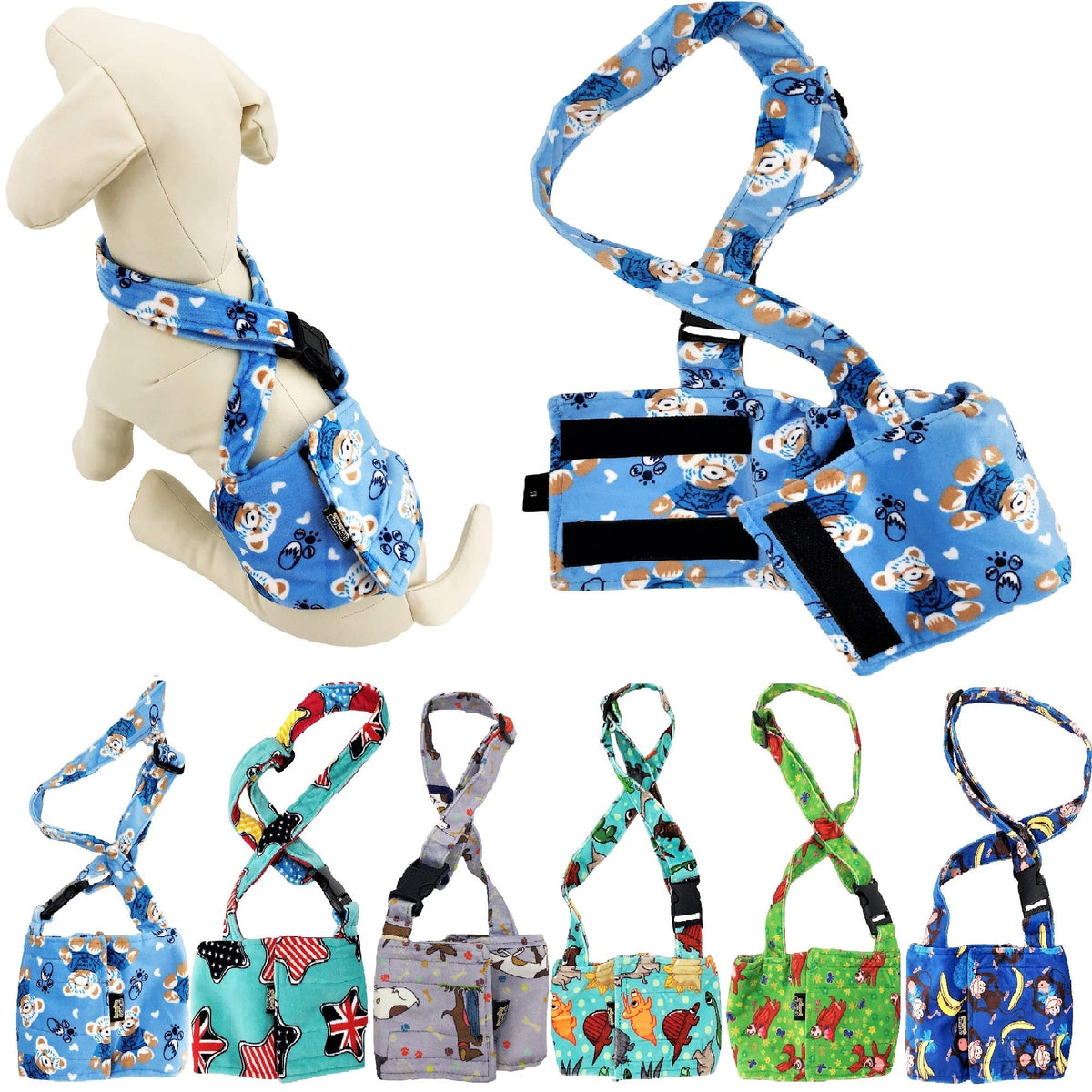 Dog Diaper For Male Boy Belly Band Reusable Washable With Suspenders Soft Fleece (Blue Bear, Xs: Waist 8' - 10')