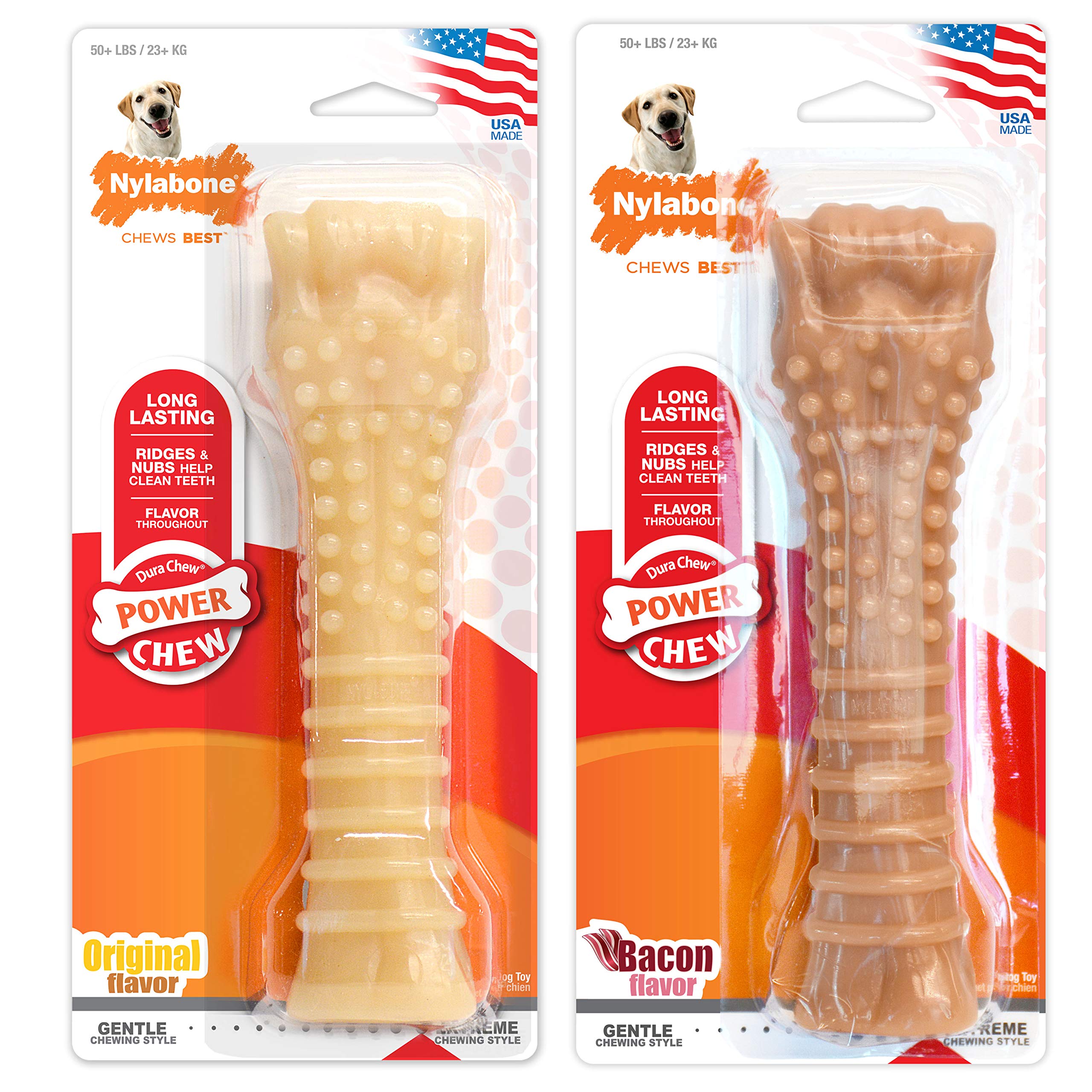 Nylabone Power Chew Dog Chew Toys For Aggressive Chewers Bundle Original And Bacon Flavors X-Large