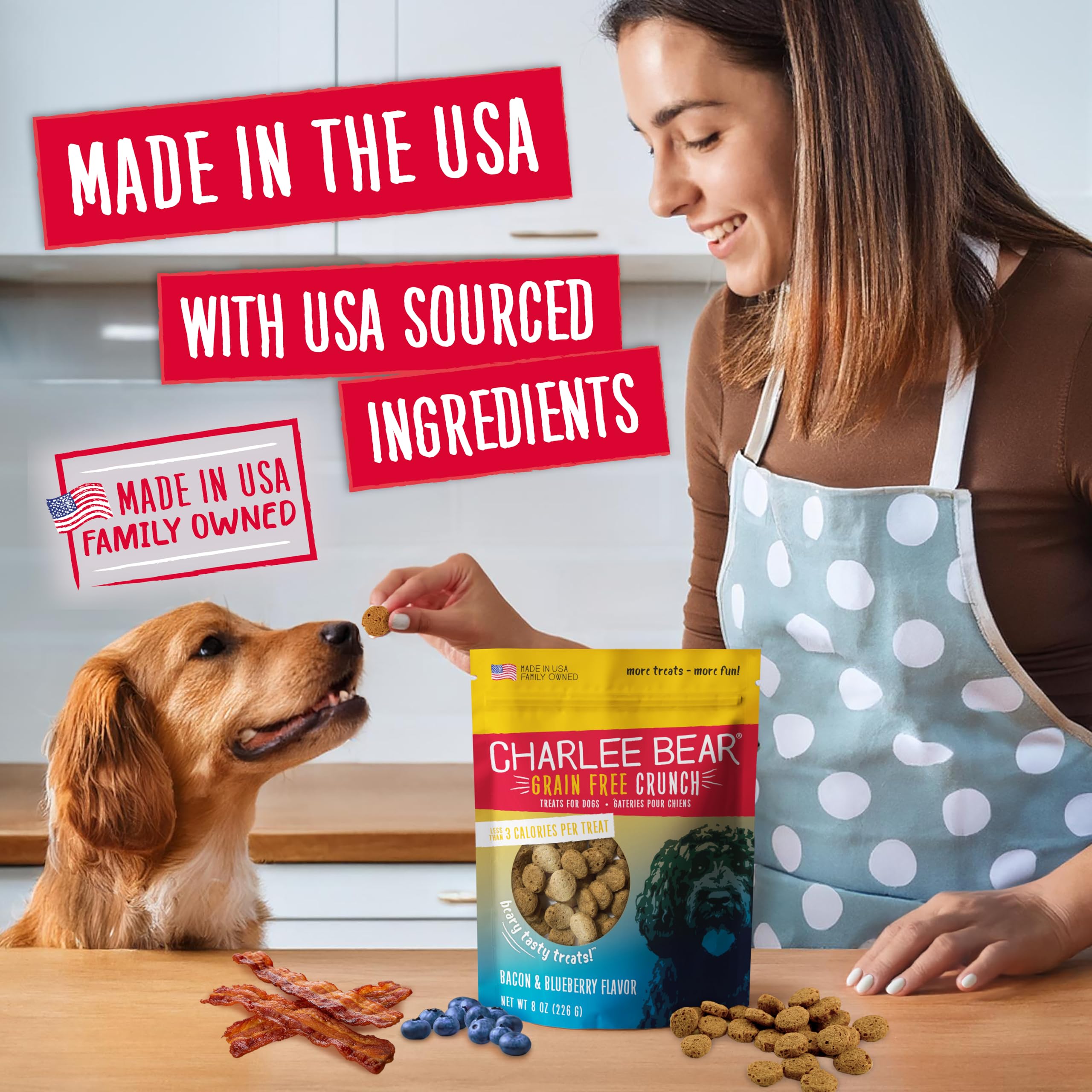Charlee Bear Grain Free Crunch Dog Treats, Bacon & Blueberry Flavor, 8 oz