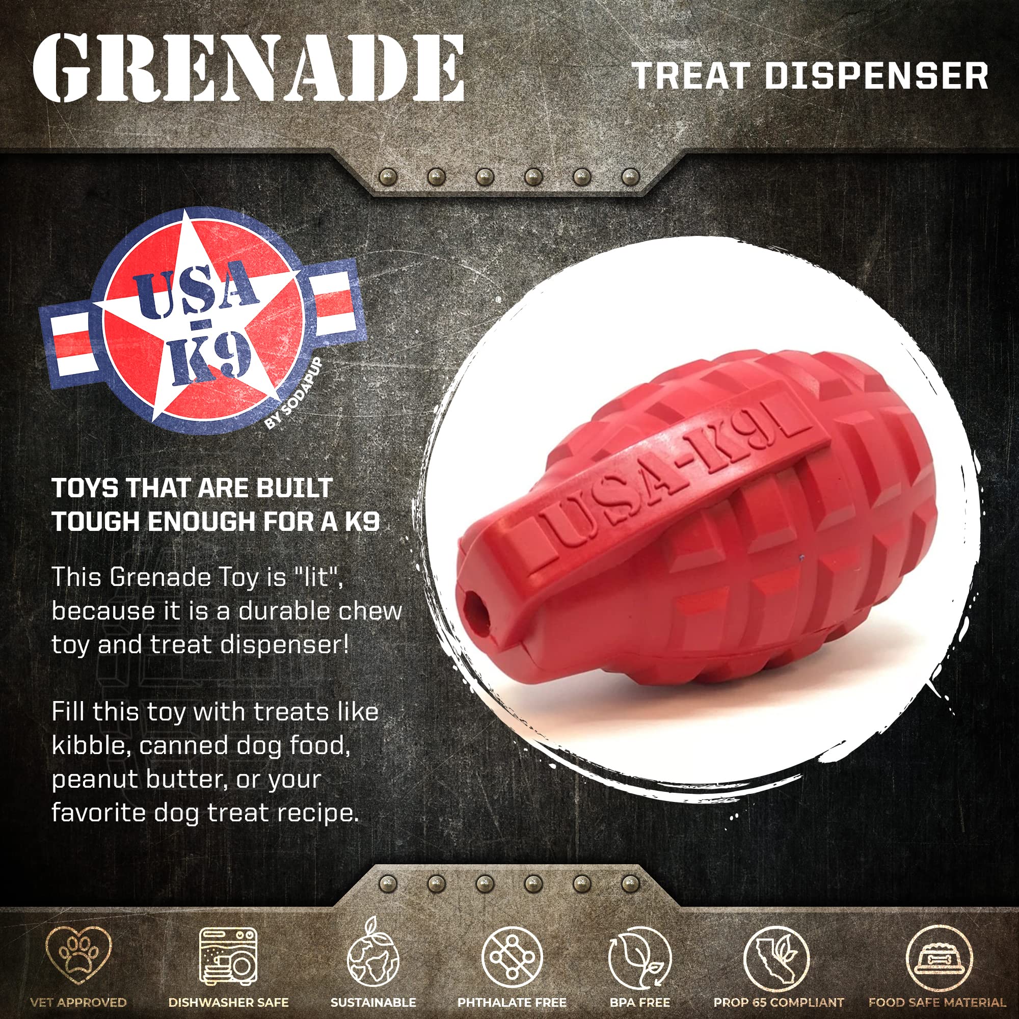 SodaPup USA-K9 Grenade - Durable Dog Treat Dispenser and Chew Toy Made in USA from Non-Toxic, Pet Safe, Food Safe Natural Rubber