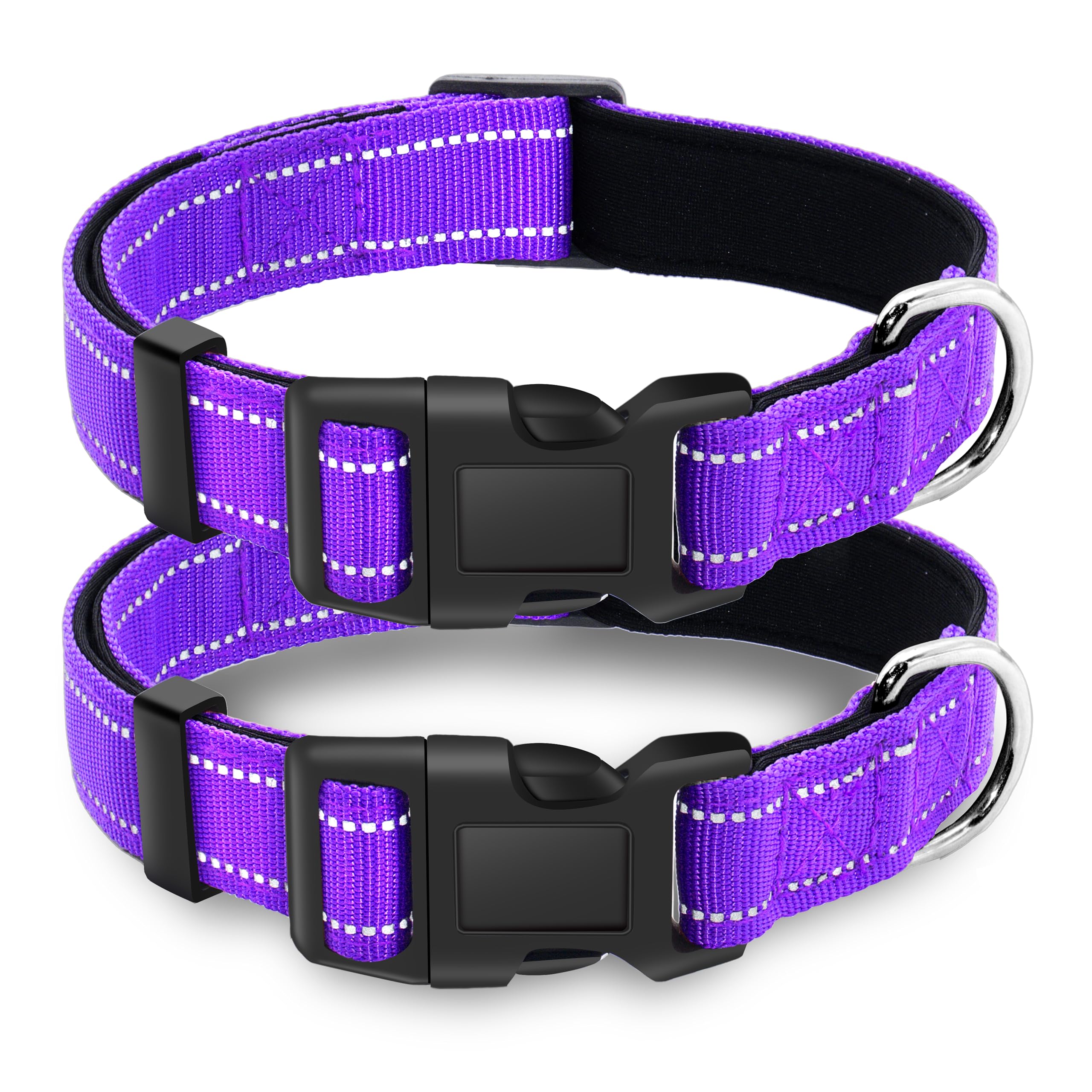 Lievuiken 2 Pack Reflective Dog Collar With Safety Locking Buckle, Adjustable Soft Breathable Comfortable Nylon Pet Collar For Small, Medium And Large Dogs, Purple, S