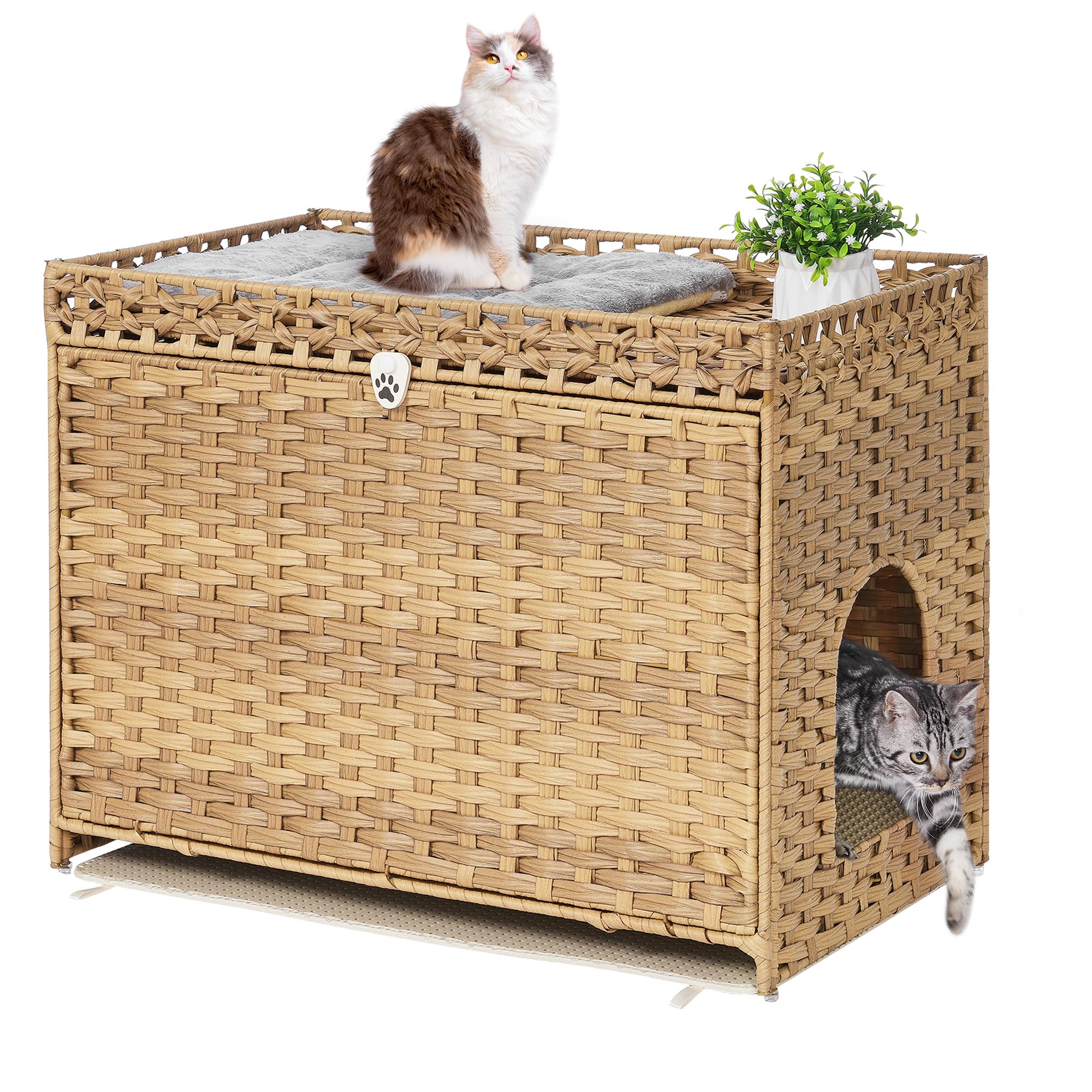 Cat Litter Box Enclosure With Soft Litter Mat; Hidden Cat Washroom Furniture With Door; Handwoven Rattan Kitten House With Large