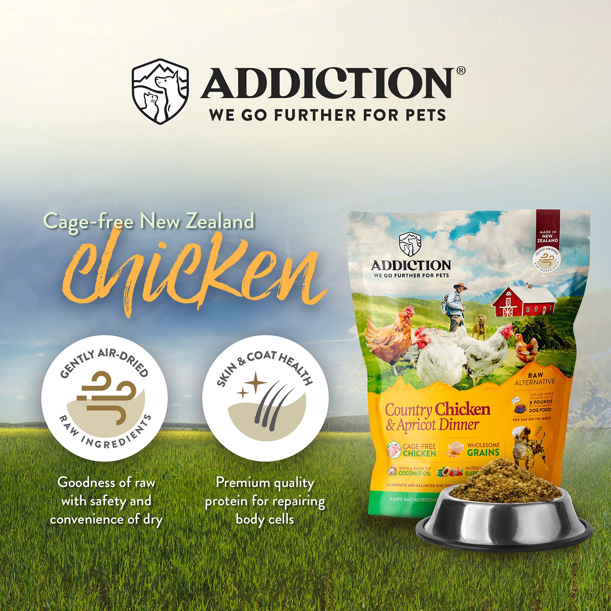 Addiction Country Chicken & Apricot Air-Dried Grain-Free Dog Food - Complete Meal or Topper with Natural Ingredients for Digesti
