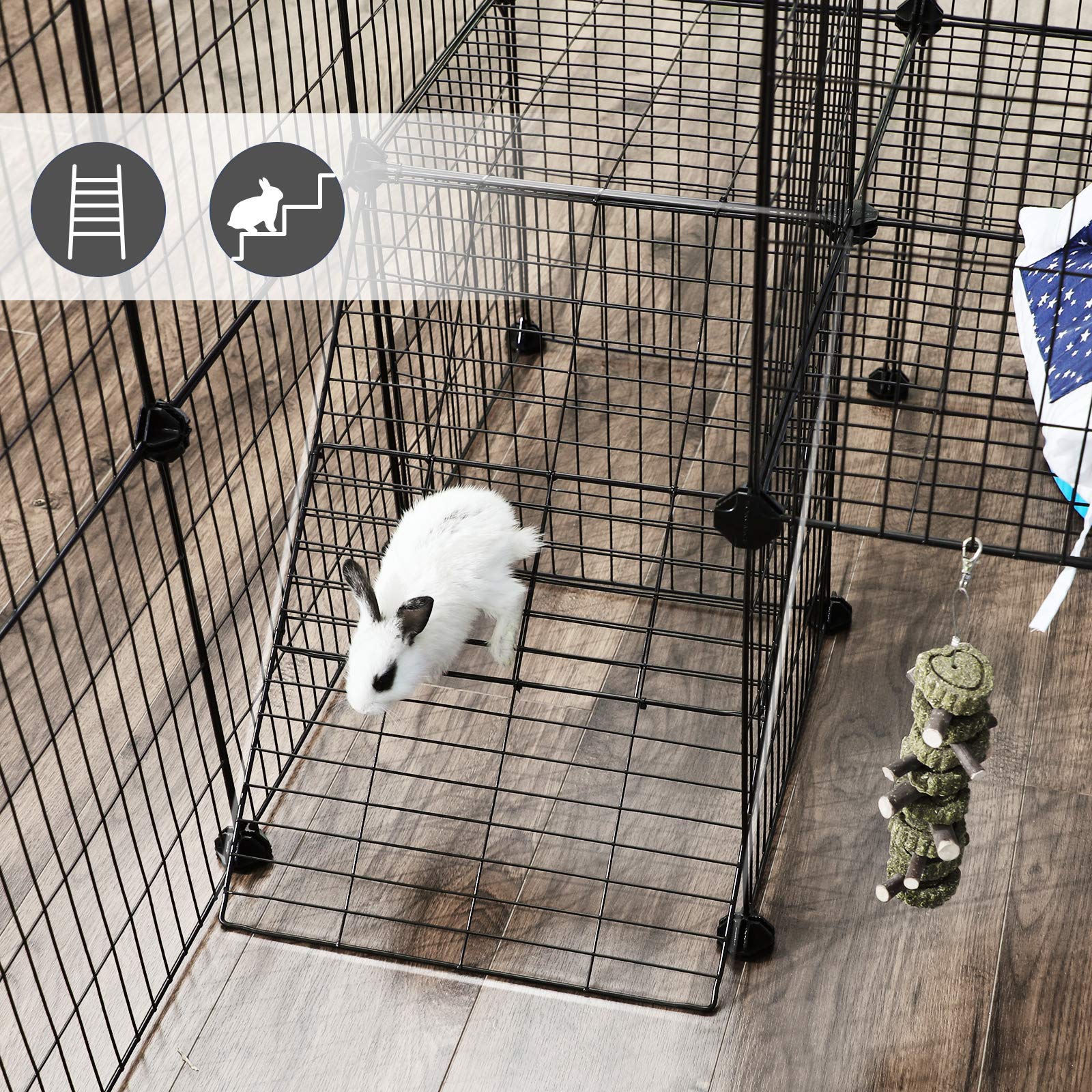 Songmics Pet Playpen, Small Animal Playpen, Rabbit Guinea Pig Cage, Zip Ties Included, Metal Wire Apartment-Style Two-Story Pet Premium Villa For Bunnies Puppies, Indoor Use, Black Ulpi02H