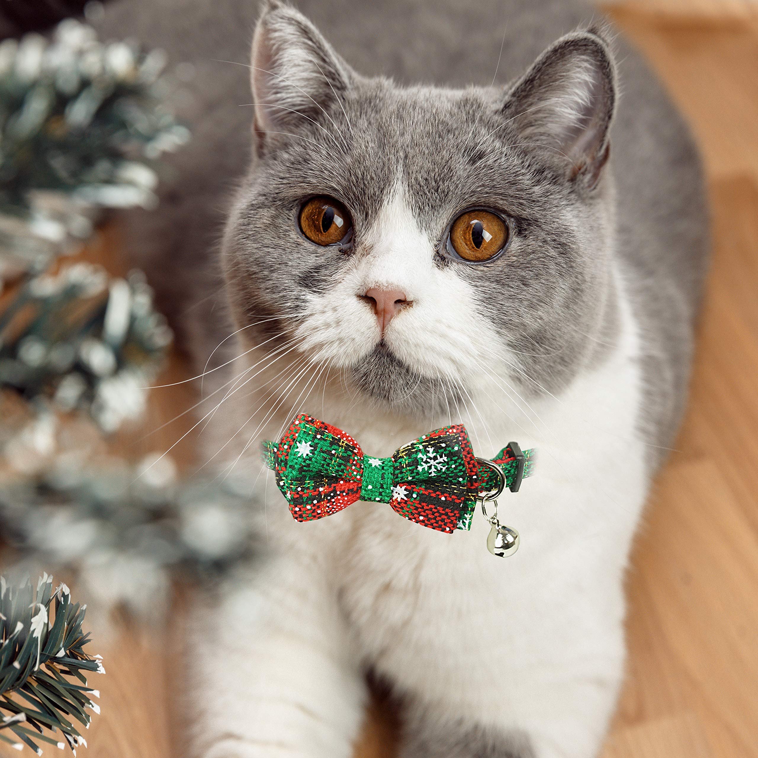 Christmas?At?Ollar?Ith?Ow Tie And Bell, Holiday Buffalo Plaid Breakaway Kitty Kitten Collar For Girl Boys Male Female Cats