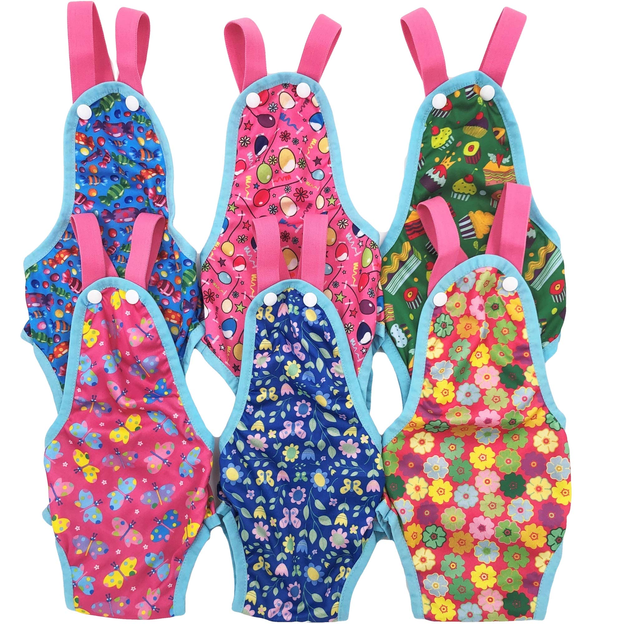 FUNNYDOGCLOTHES Pack of 6 Female Dog Diapers Sanitary Pantie Washable Reusable with Suspenders Stay On for Small Pet (S: Waist 1