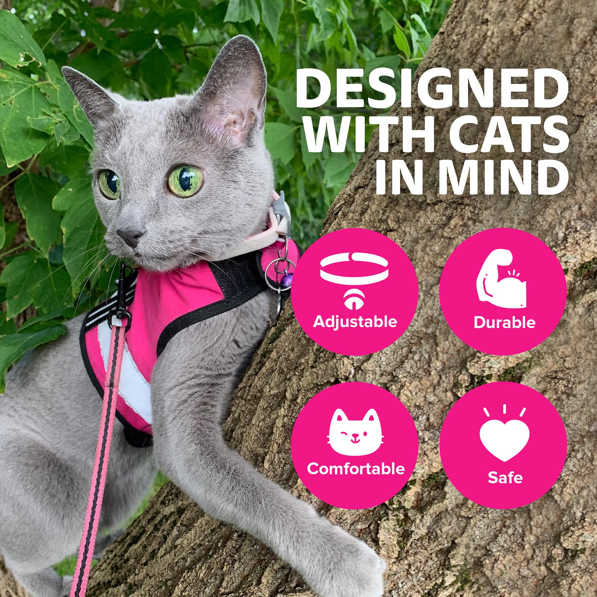 Kitty Holster Reflective Cat Harness - High-Visibility Cat Vest For Day & Night | Secure, Breathable And Washable Cotton | Ideal For Walking & Traveling - Flamingo Pink, M To L