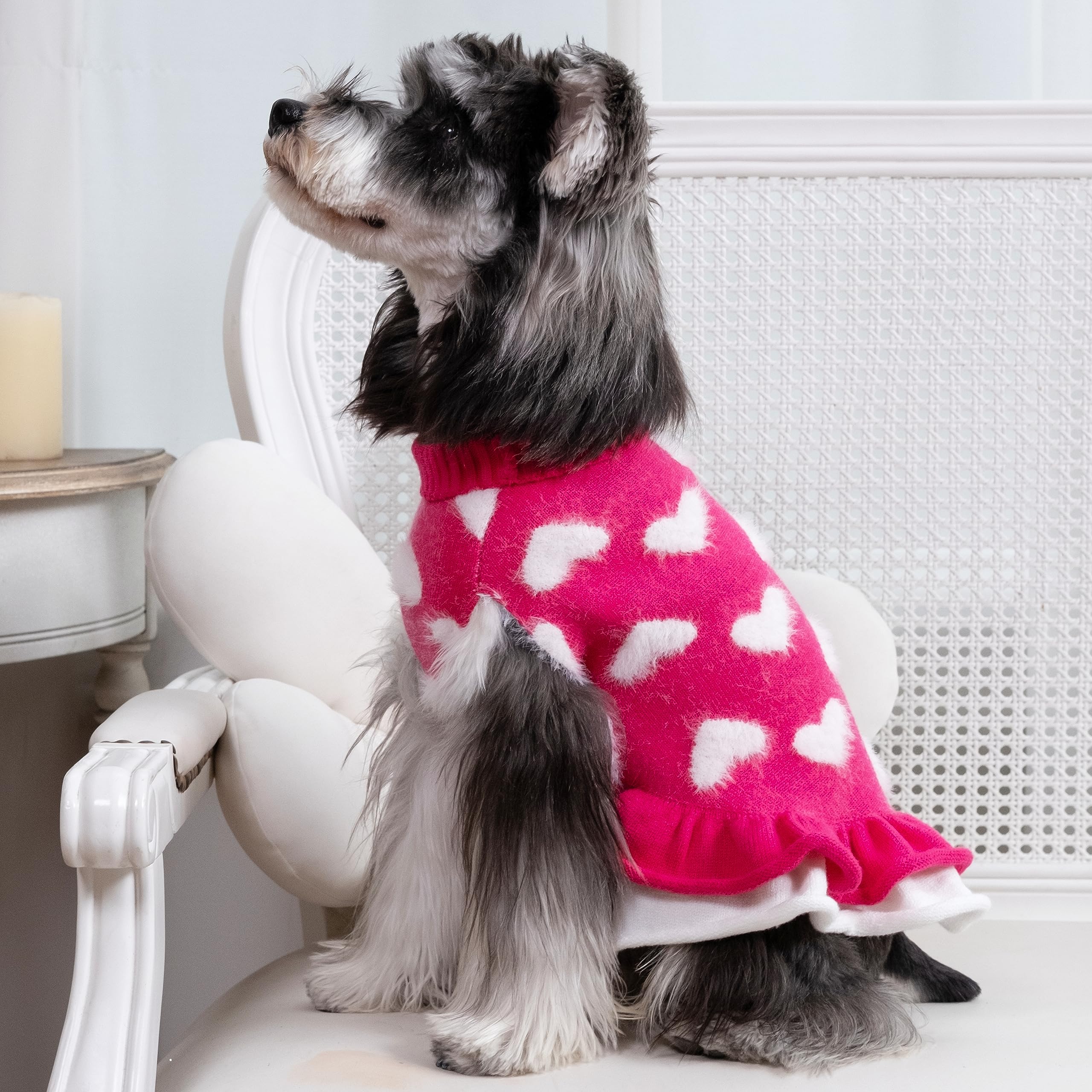 Cutebone Fancy Pink Dog Sweater Dress, Soft And Stretchy Dog Clothes For Small Medium Dogs Girl, Pink Heart Puppy Sweater Pullov