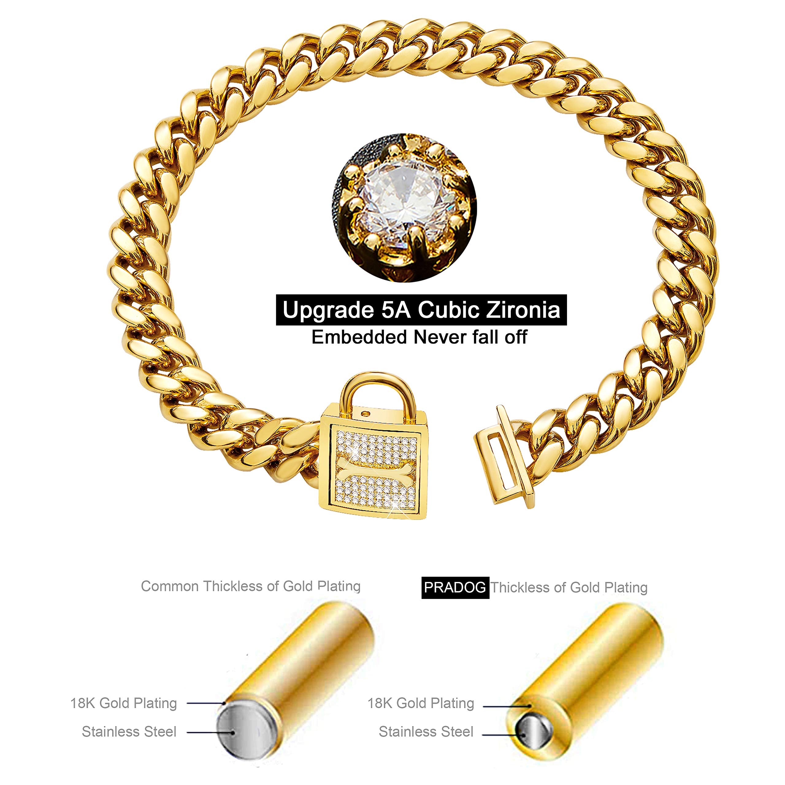 Chain Dog Collar with Zirconia Locking 12mm 18K Gold Cuban Link Chain Metal Stainless Steel Dog Walking Puppy Collar Luxury Dog