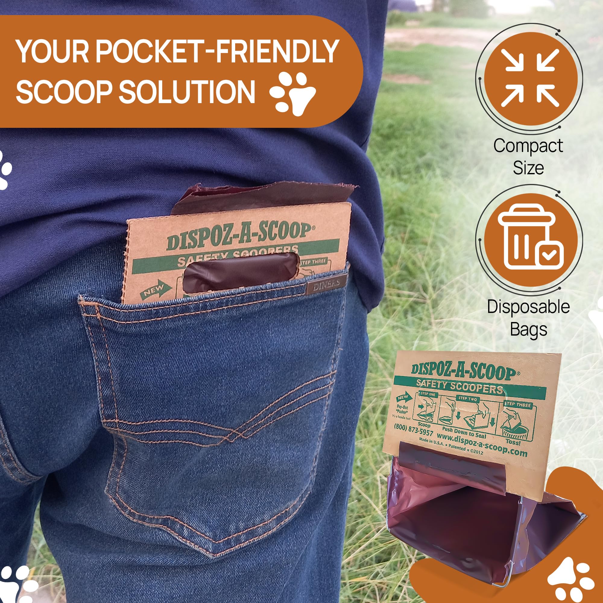 Healthpro Prods. Dispoz-A-Scoop® 96 Pack Portable Dog Pooper Scooper with Bag Attachment, No-Touch Solution for Large & Small Dogs, Brown