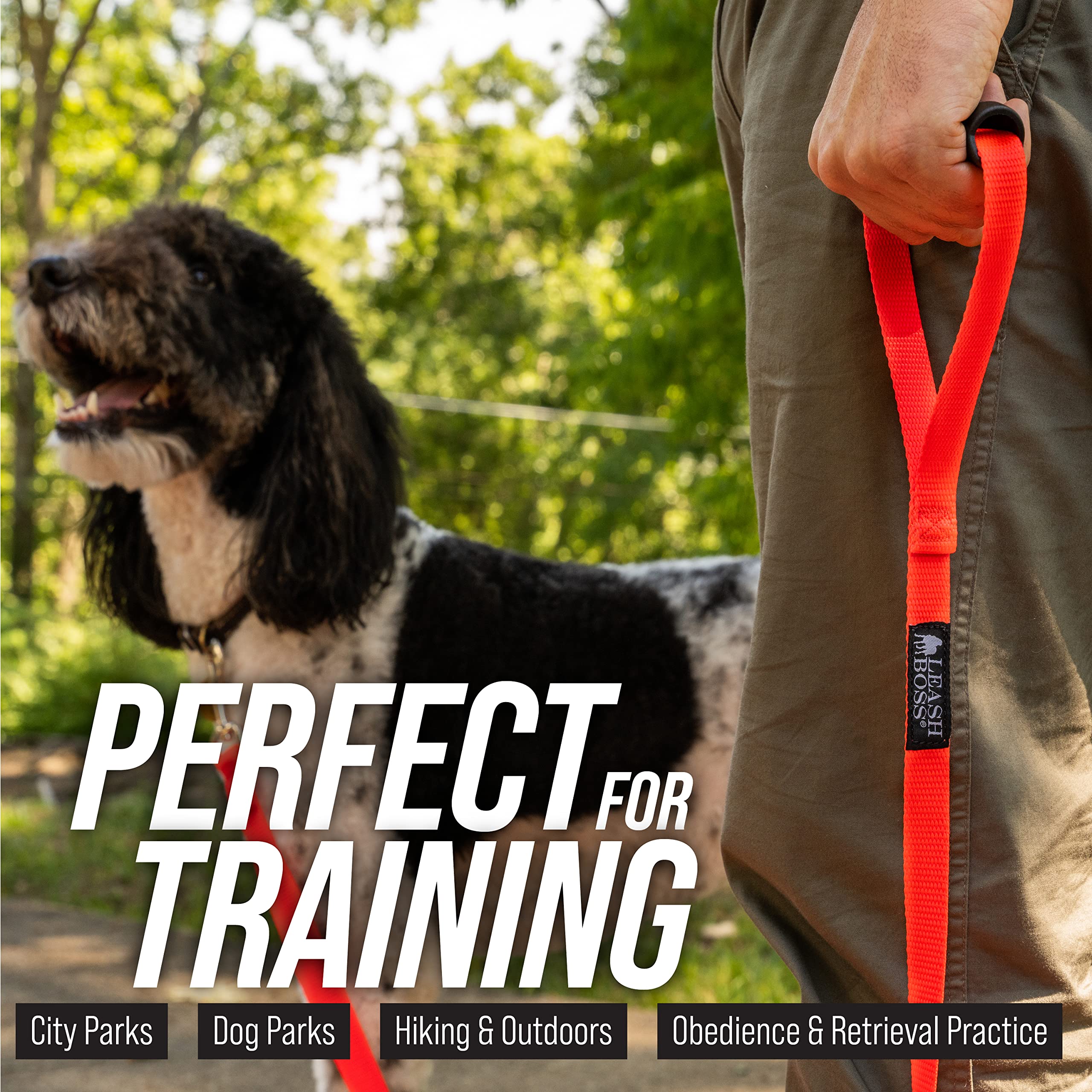 Leash Boss Free Range - Long Dog Leash for Large Dogs + Drawstring Backpack - 1 Inch Nylon Training Lead with Padded Handle (Bla