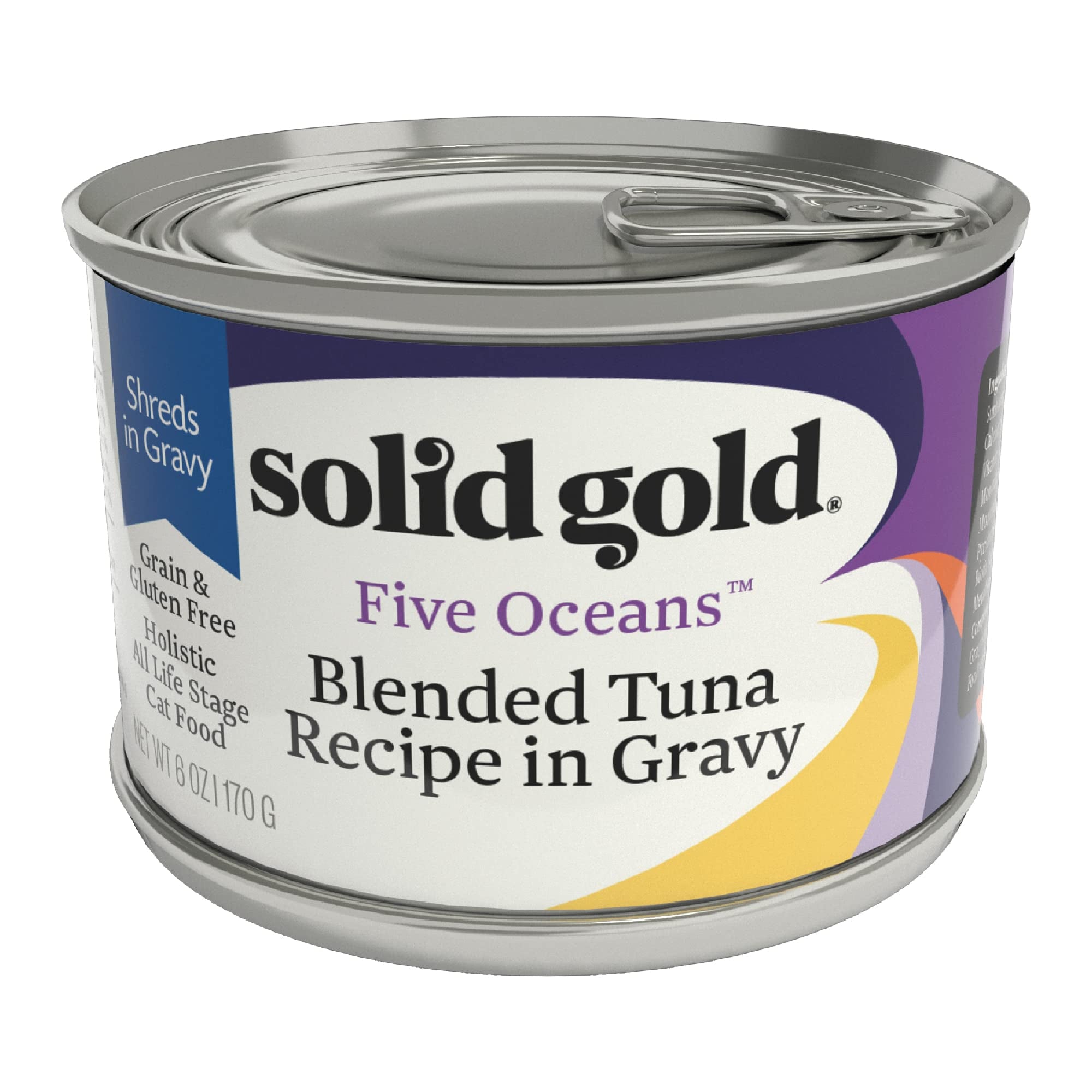 Solid Gold Wet Cat Food Shreds in Gravy - Canned Cat Food Made w/Real Tuna - Five Oceans Grain Free - 16ct/3oz Can
