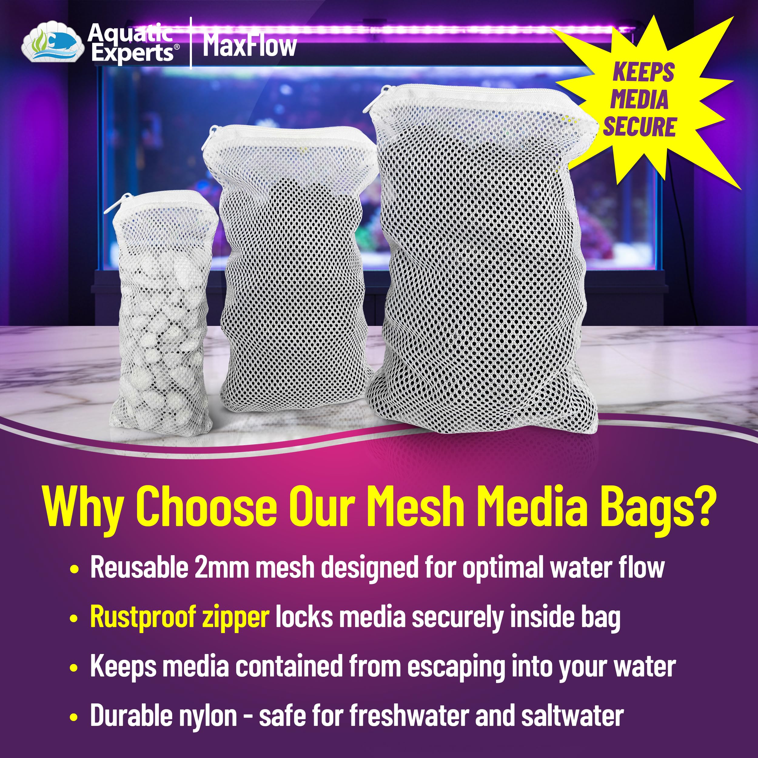 Aquatic Experts Max Flow Filter Media Bag - Durable Filter Bags For Fish Tank, Secure Aquarium Media Bag With Drawstring, Media