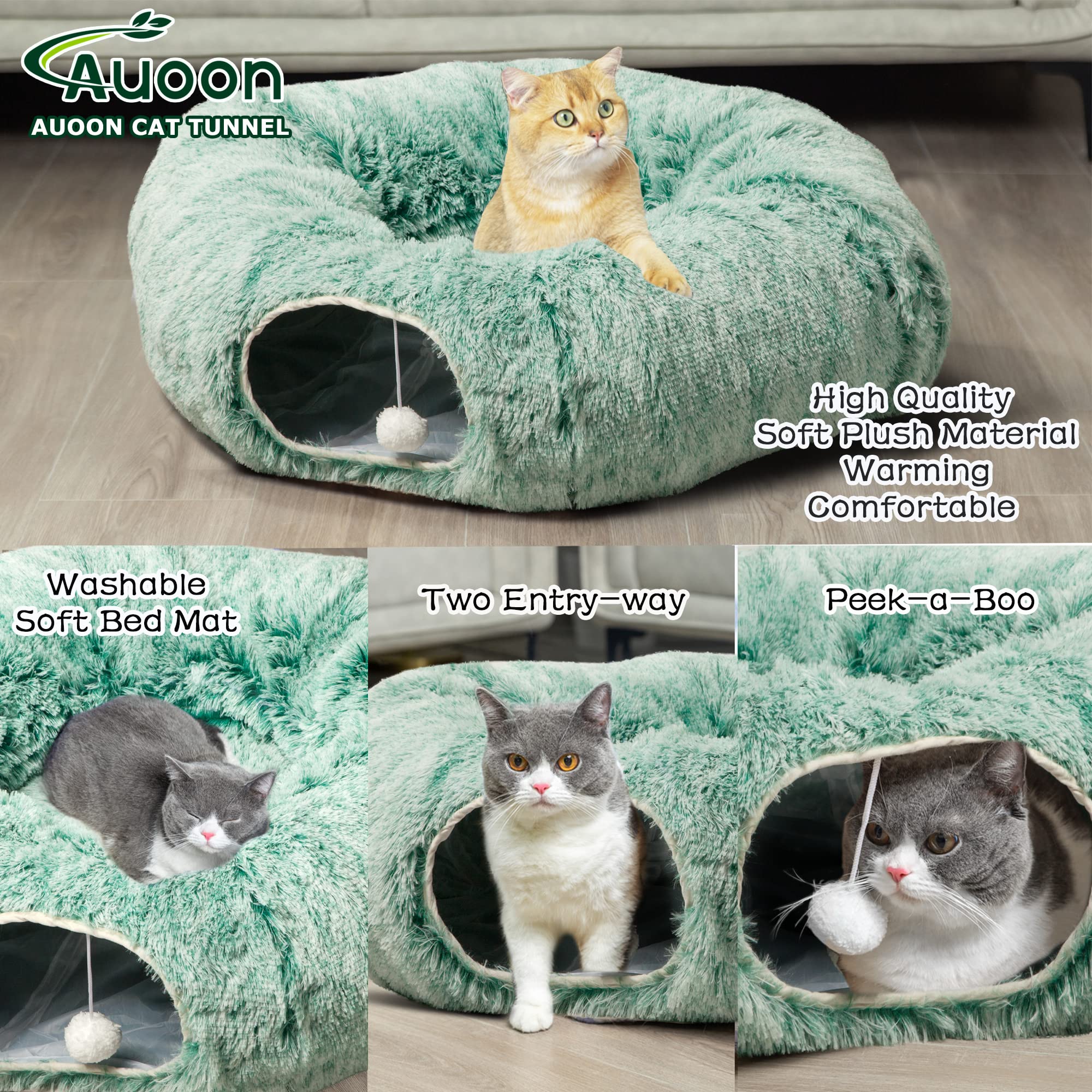 Auoon Cat Tunnel Bed With Central Mat,Big Tube Playground Toys,Soft Plush Material,Full Moon Shape For Kitten,Cat,Puppy,Rabbit,Ferret (Creen)