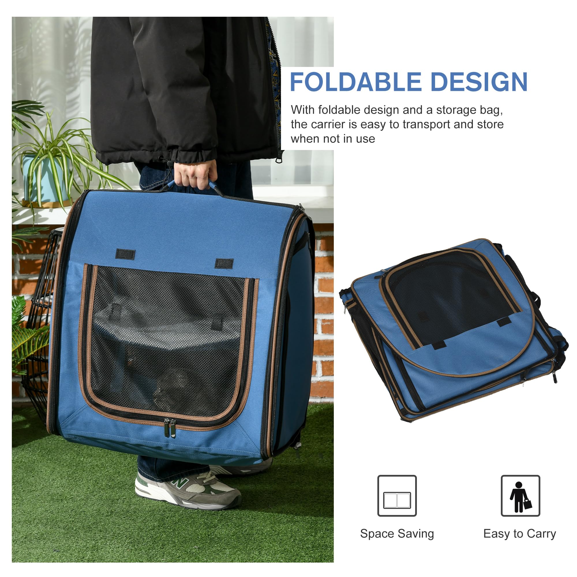 Pawhut 39' Portable Soft-Sided Cat Carrier, Travel Pet Carrier With Divider, Two Compartments, Soft Cushions, & Storage Bag, Blue