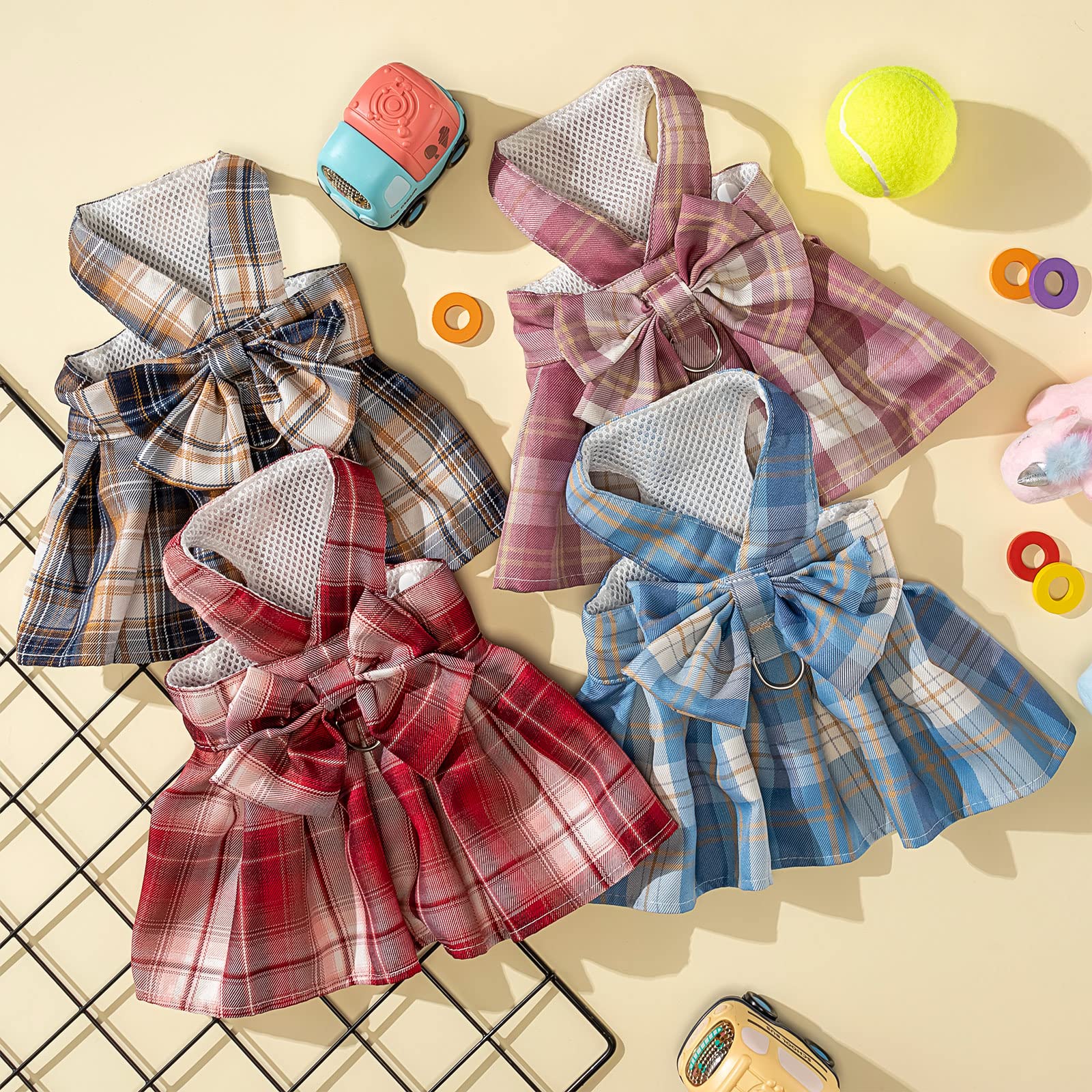 Potchen 4 Pcs Cute Plaid Dog Dress Set with Bow Tie Harness & Leash for Small Dogs, Puppy Clothes for Girls Summer Outfits(M,Dar