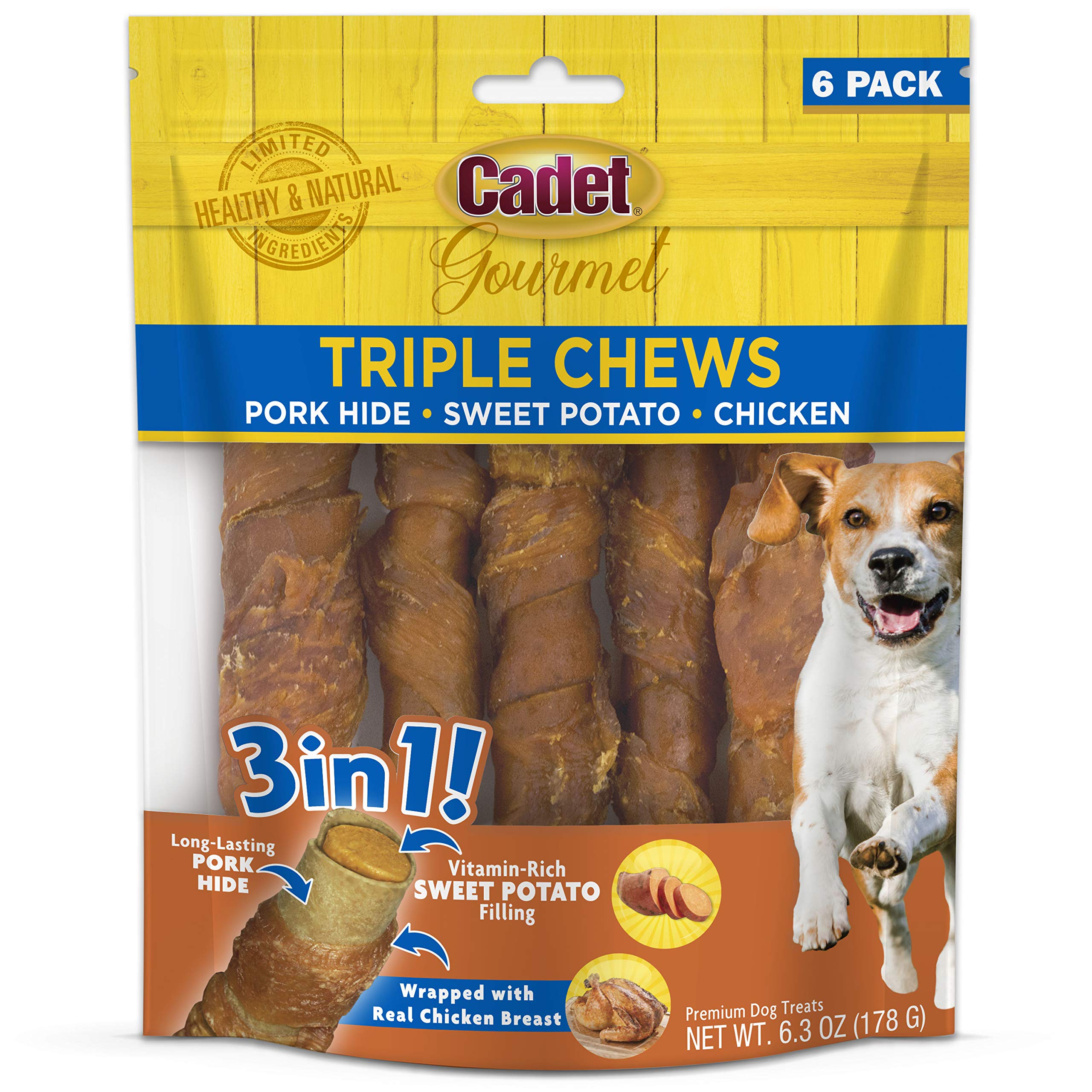 Cadet Gourmet Triple Chews Pork Hide, Sweet Potato, & Chicken Dog Treats - Healthy Dog Treats for Small & Large Dogs - Inspected