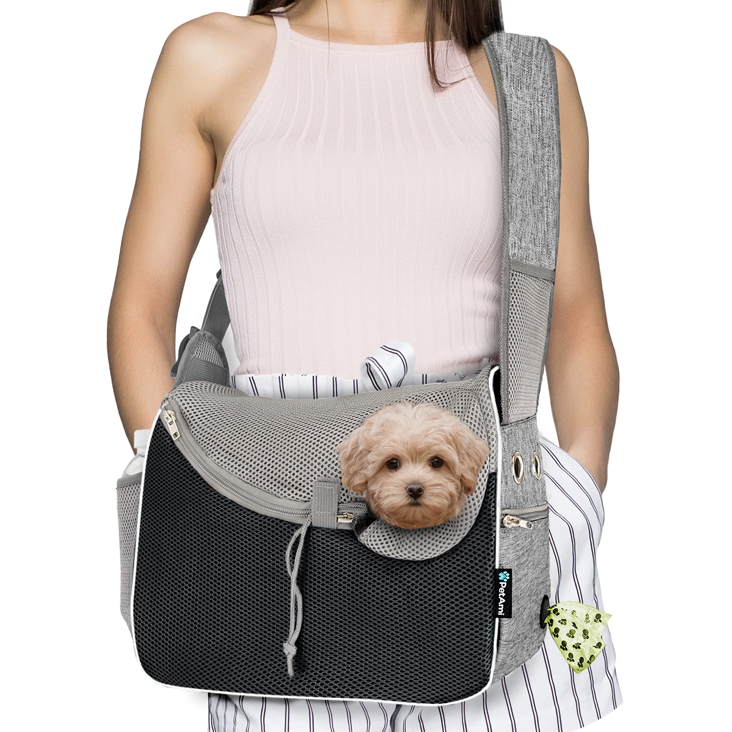 PetAmi Small Dog Sling Carrier, Soft-Sided Crossbody Puppy Carrying Purse Bag, Adjustable Sling Pet Pouch to Wear Medium Dog Cat