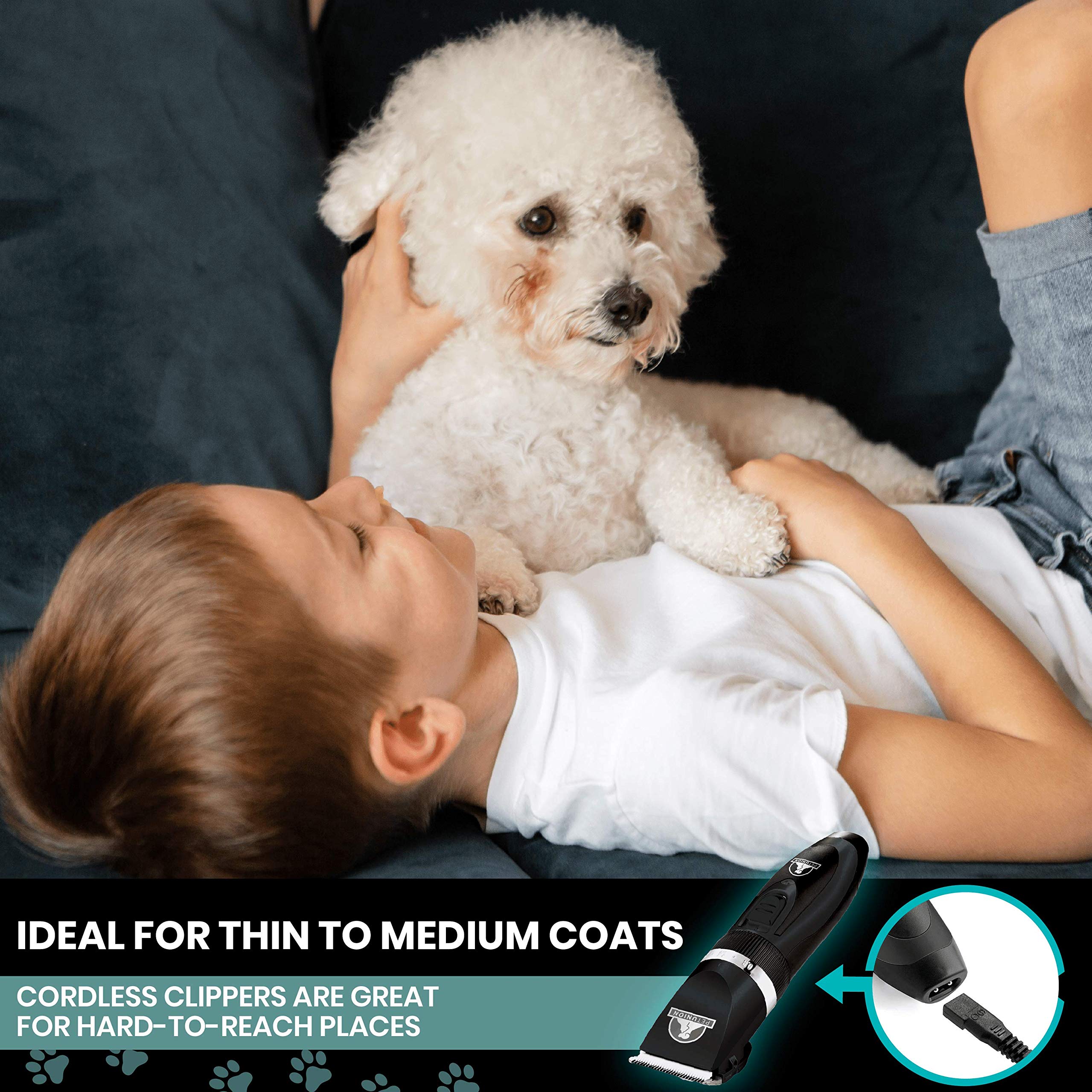 Pet Union Professional Dog Grooming Kit - Cordless Low Noise Dog Clippers For Grooming Thick Coats - All Pet Safe Cat Hair Trimmer - Pet Grooming Kit Includes Dog Hair Clippers, Nail Trimmer & Shears