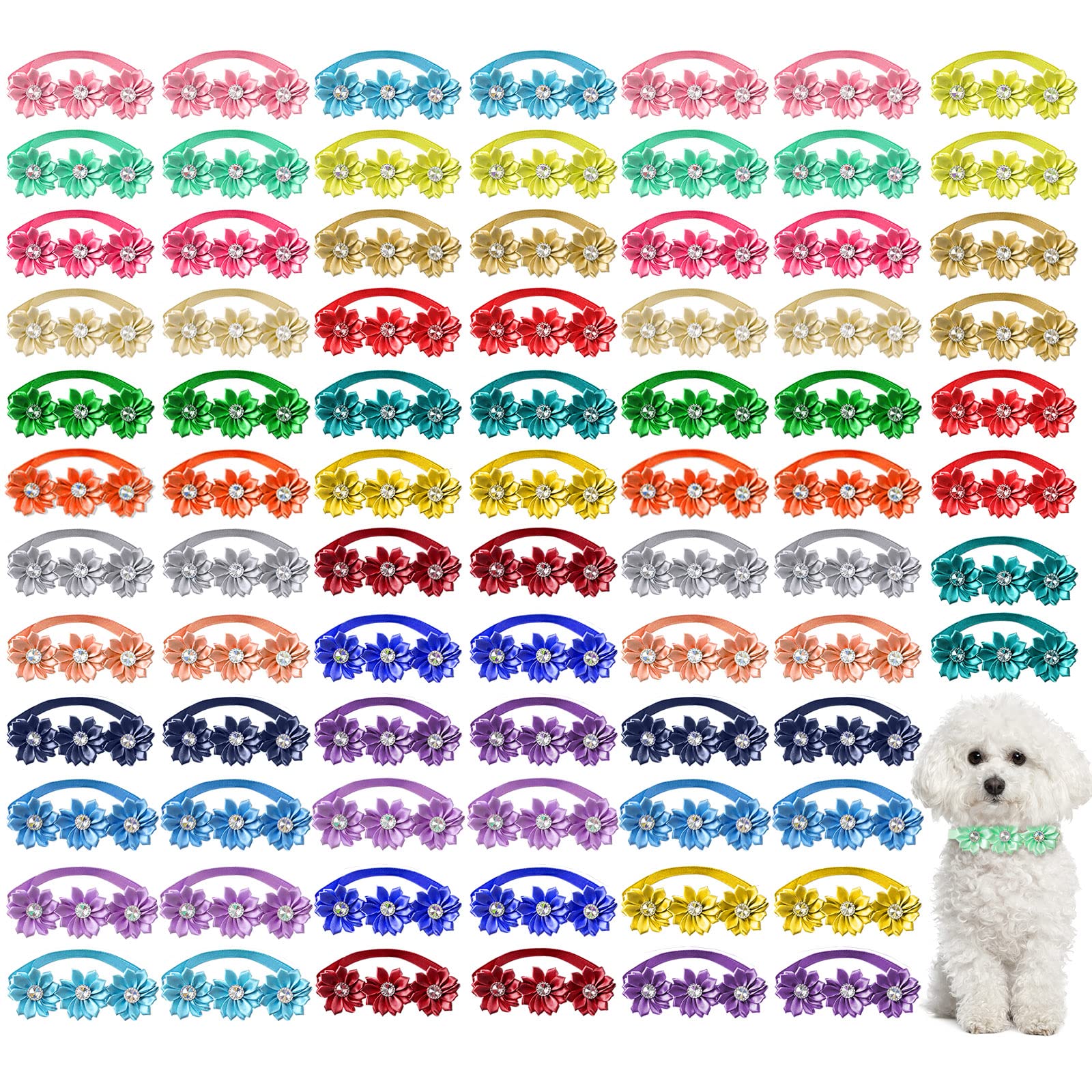 Reginary 80 Pcs Dog Bowtie Flower Collar Girl Dog Accessories Adjustable Girl Puppy Collars Cat Bow Tie Flower With Diamond Crys