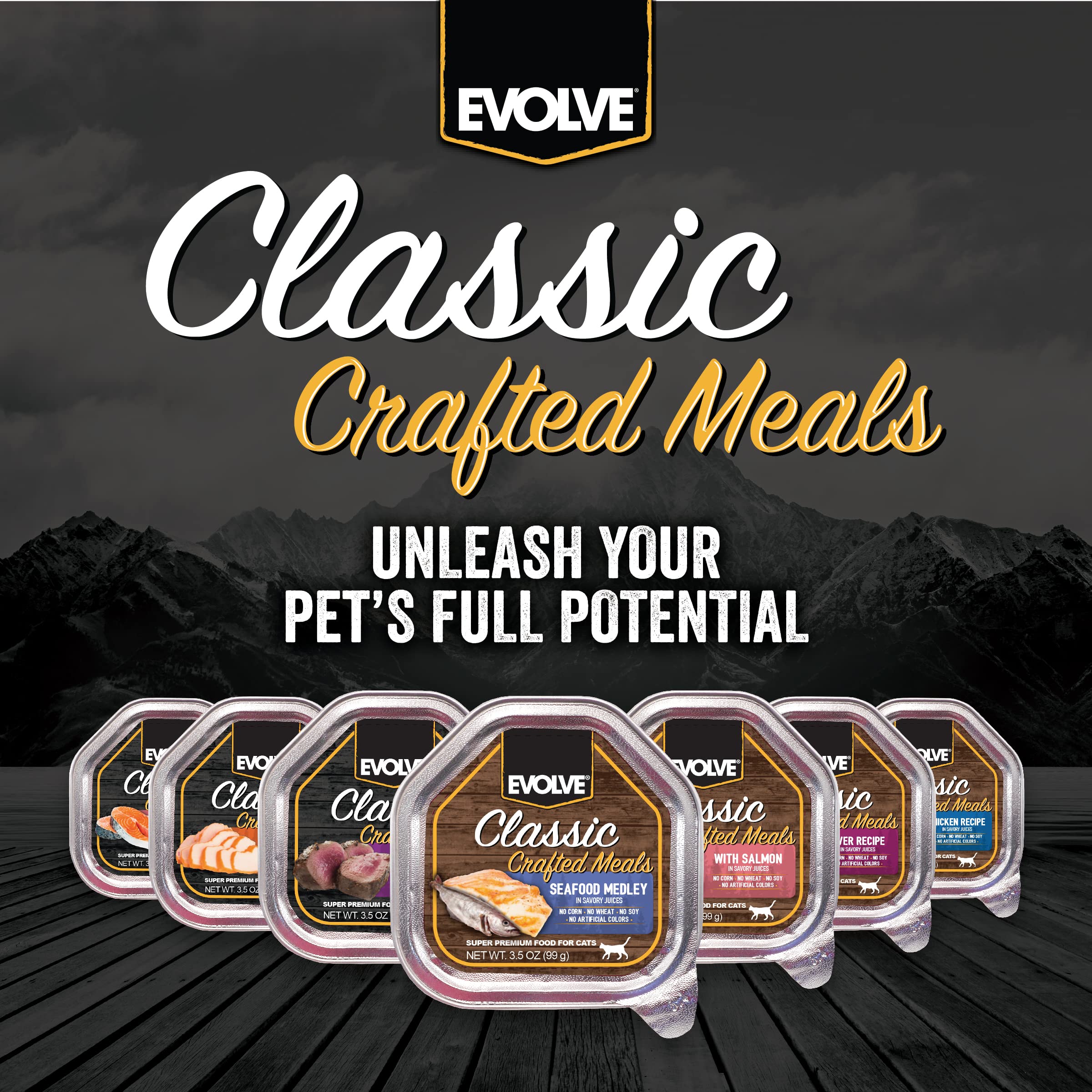Evolve Classic Crafted Meals Cat Food Variety Pack with Salmon Recipe & Seafood Medley Recipe, 3oz (Pack of 18)