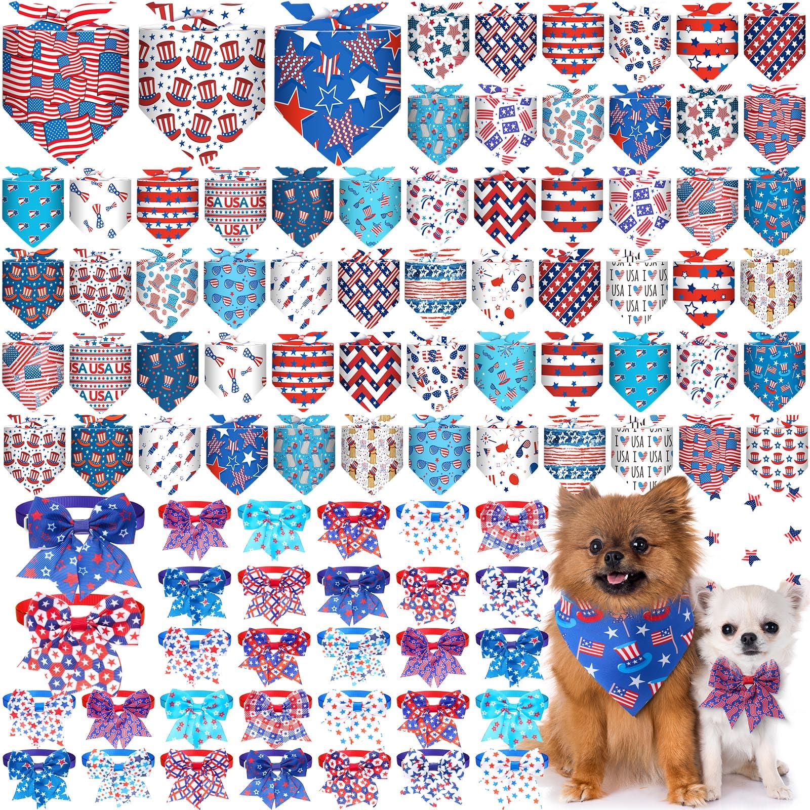 Sanwuta 108 Pcs Patriotic Dog Bandanas Bulk for Independence Day Soft Breathable Dog Stars Bow Ties Adjustable Pet Collar Bowtie