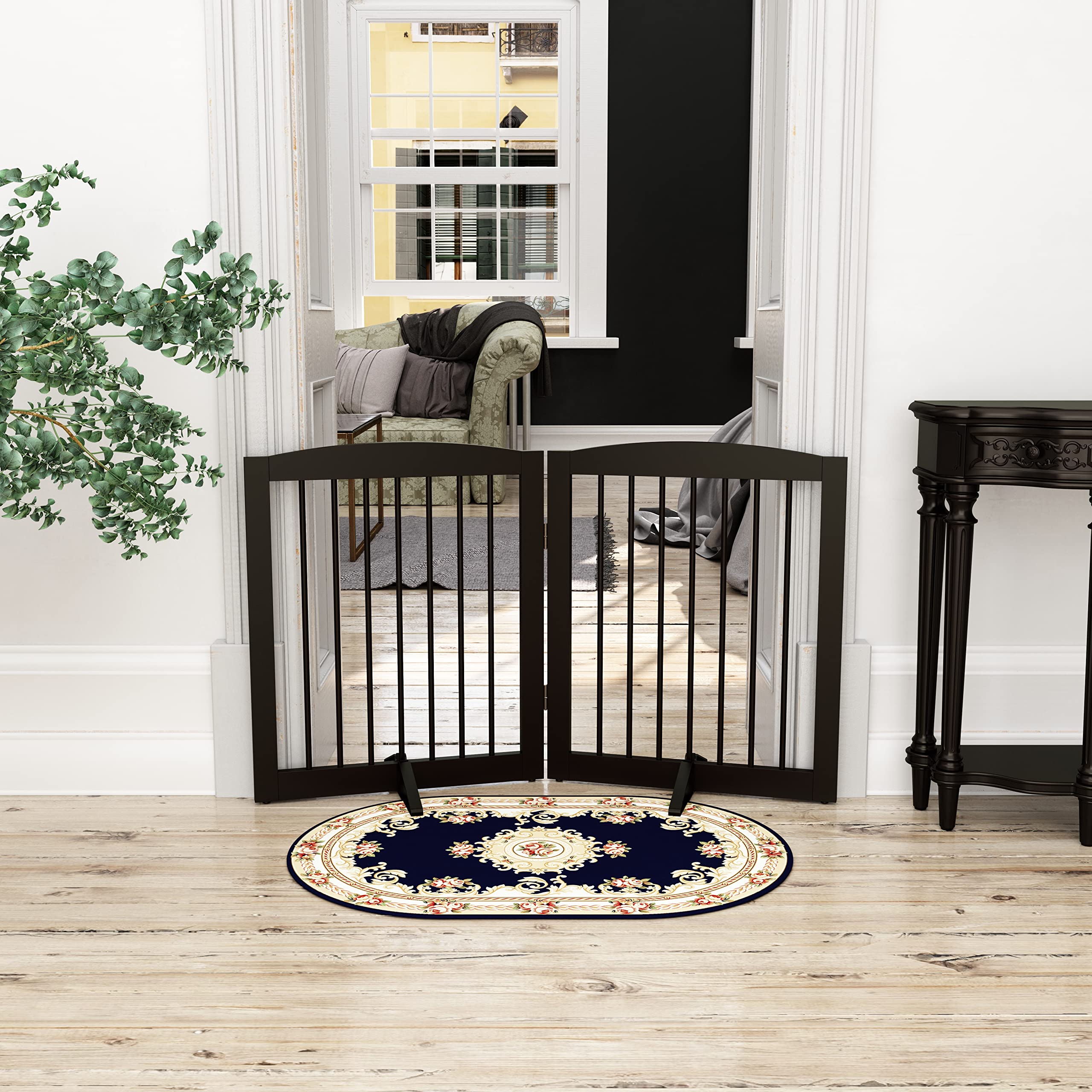 PUPETPO Freestanding Pet Gate for Dogs, Foldable Wooden Dog Gate for House, Indoor Pet Barrier for Stairs, Doorways, Support Fee