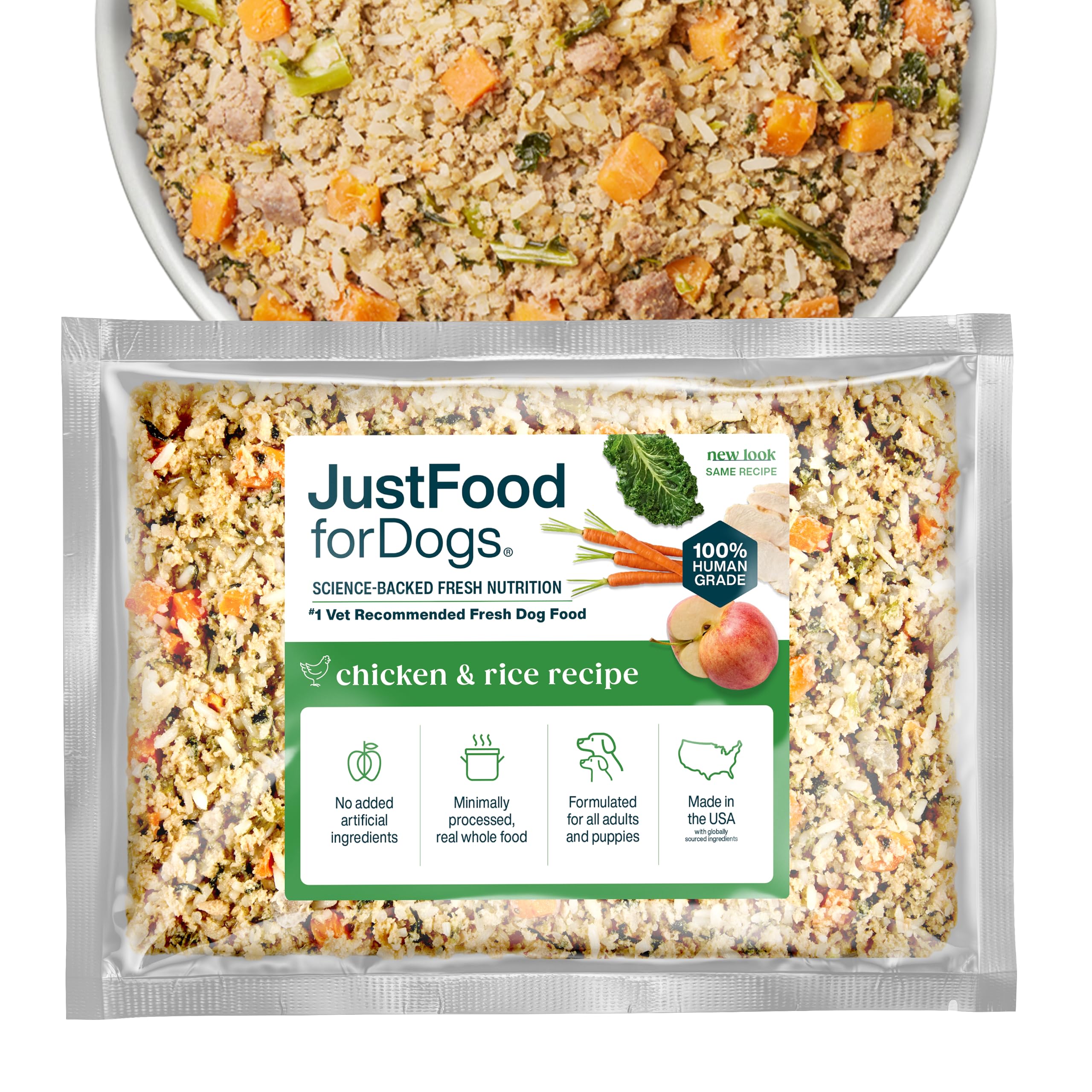 JustFoodForDogs Frozen Fresh Dog Food, Complete Meal or Dog Food Topper, Chicken & Rice Human Grade Recipe, 18 oz (Pack of 14)