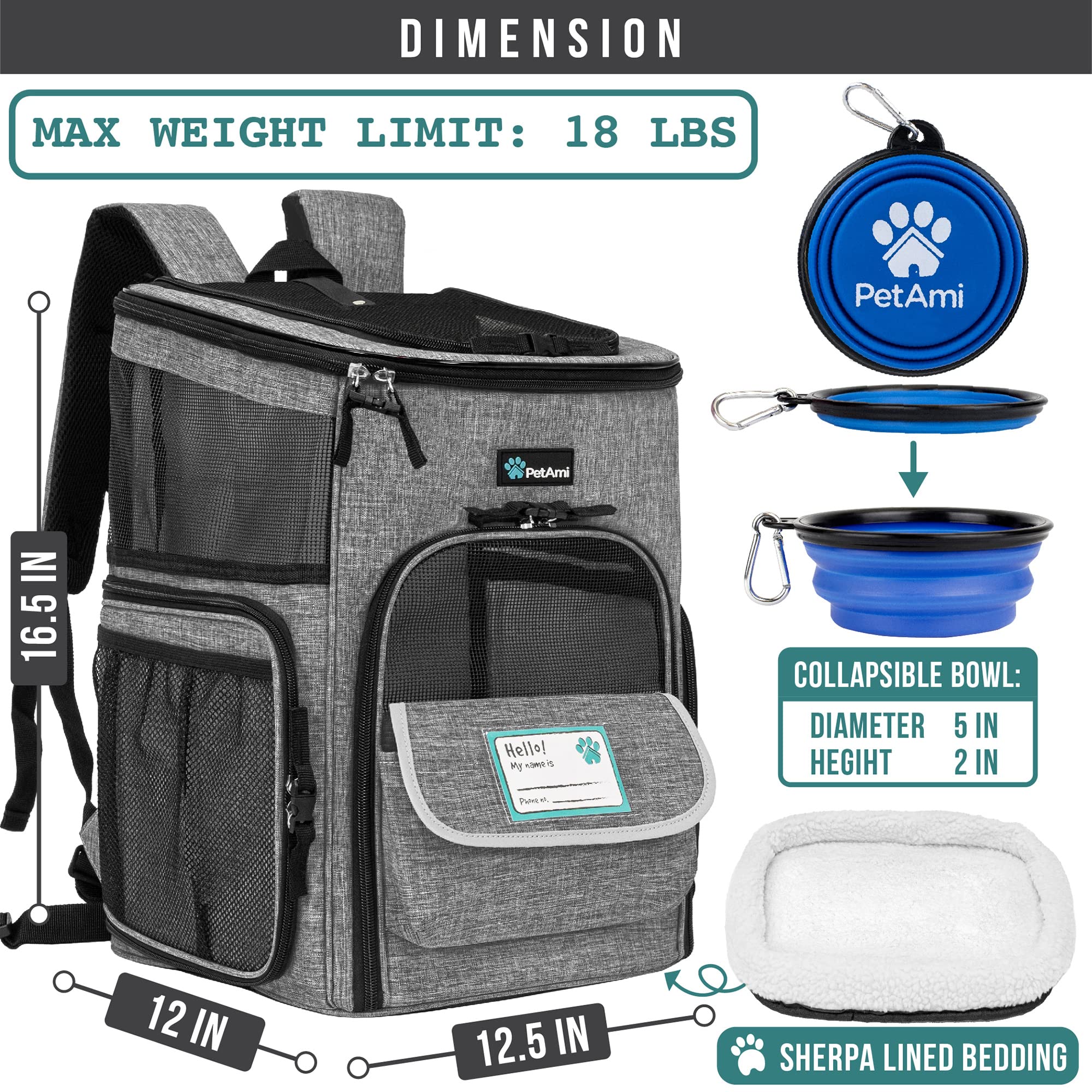 Petami Dog Backpack Carrier, Airline Approved Cat Backpacks For Carrying Small Large Cats, Pet Carrier Back Pack, Ventilated Soft Sided For Travel, Hiking, Camping, Max 18 Lbs, Heather Gray