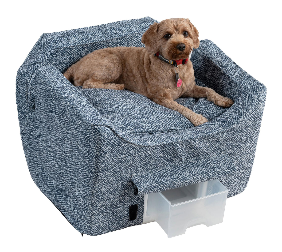 Snoozer Dog Car Seat With Storage Tray: Lookout Ii Car Seat For Small Dogs Under 25Lbs, Size: Medium, Fabric: Palmer Indigo, Pet Car Seat To Alleviate Car Sickness For Dogs, Removable Washable Cover