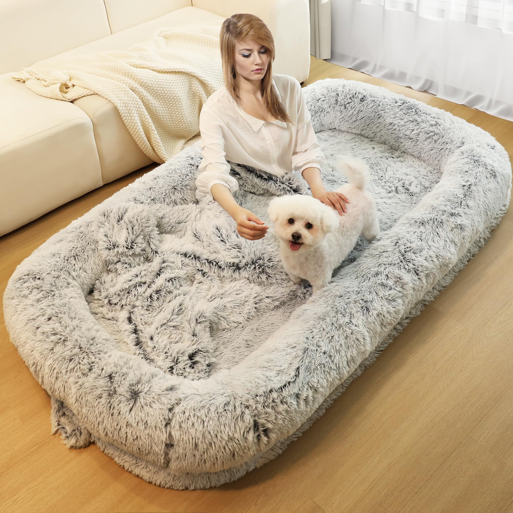 Murago Human Dog Bed For Adults, 40 X 10 X 71 Long Human Size Dog Bed, Removable Cover, Orthopedic Design, Light Grey