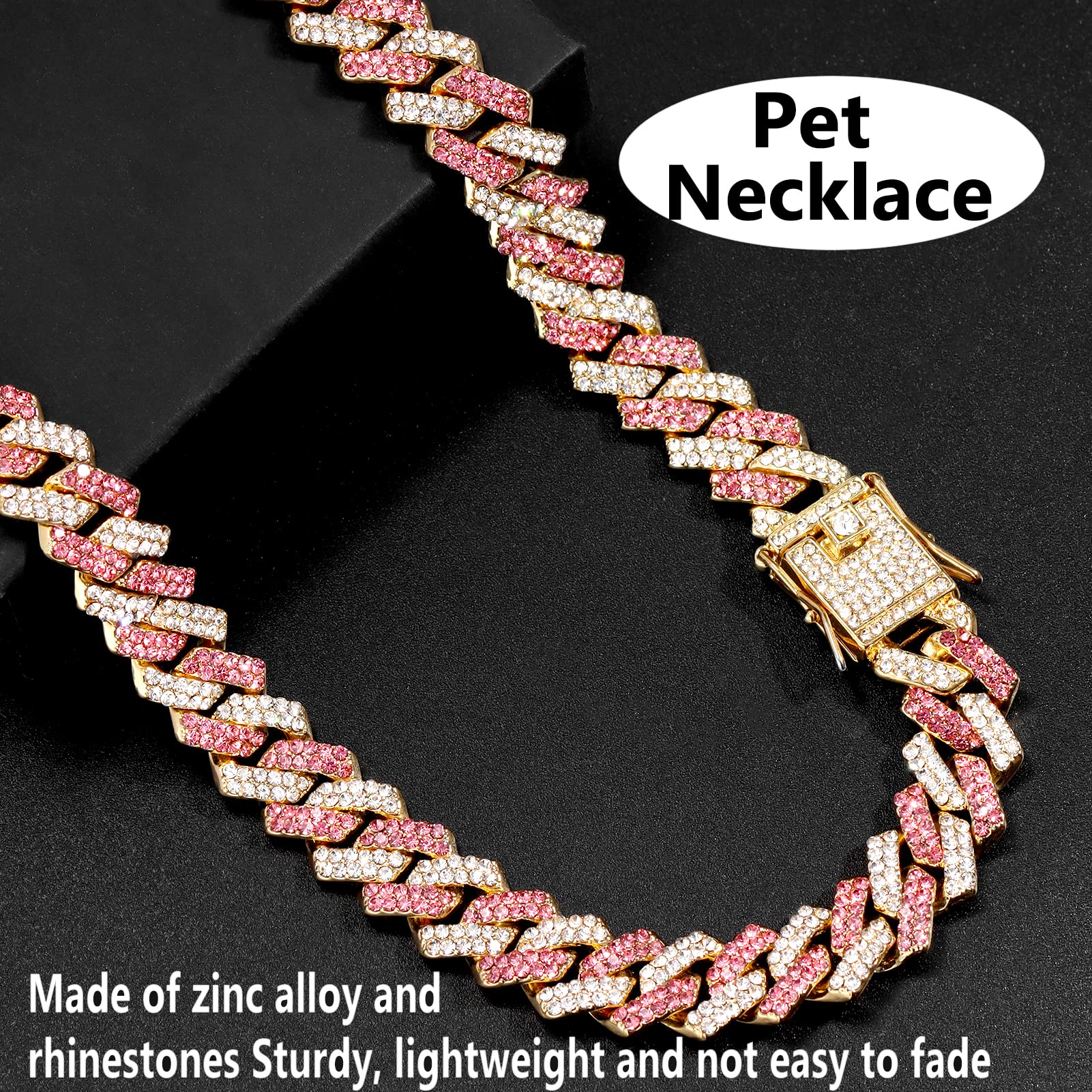 Fasdecon Gold Dog Chain Collar With Diamond Cuban Design, Secure Buckle For Medium Large Dogs (24Inch, Pink-Silver)