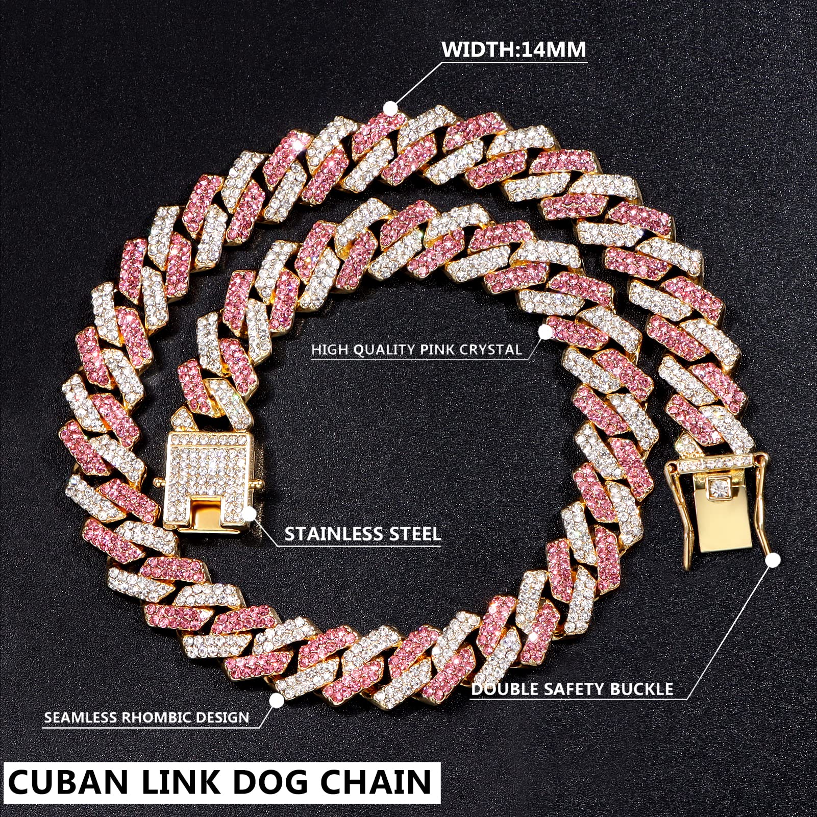 Fasdecon Gold Dog Chain Collar With Diamond Cuban Design, Secure Buckle For Medium Large Dogs (24Inch, Pink-Silver)