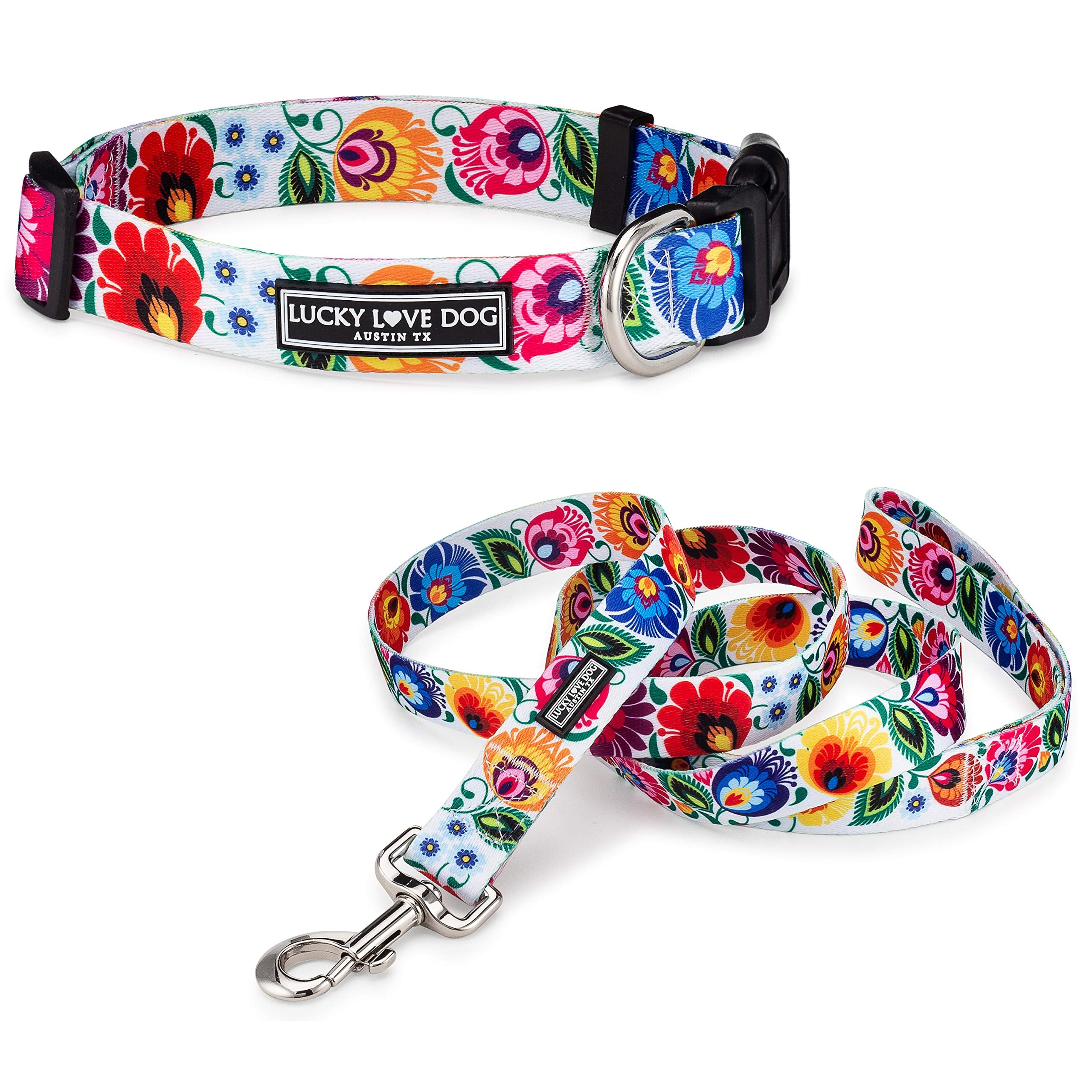 Lucky Love Dog Combo Set | Floral Dog Collar And Leash Set For Large Dogs | Cute Girl Matching Collar & Leash Set | Part Of Purchase Donated To Rescue (Ladybird Collar/Leash Combo, Large)