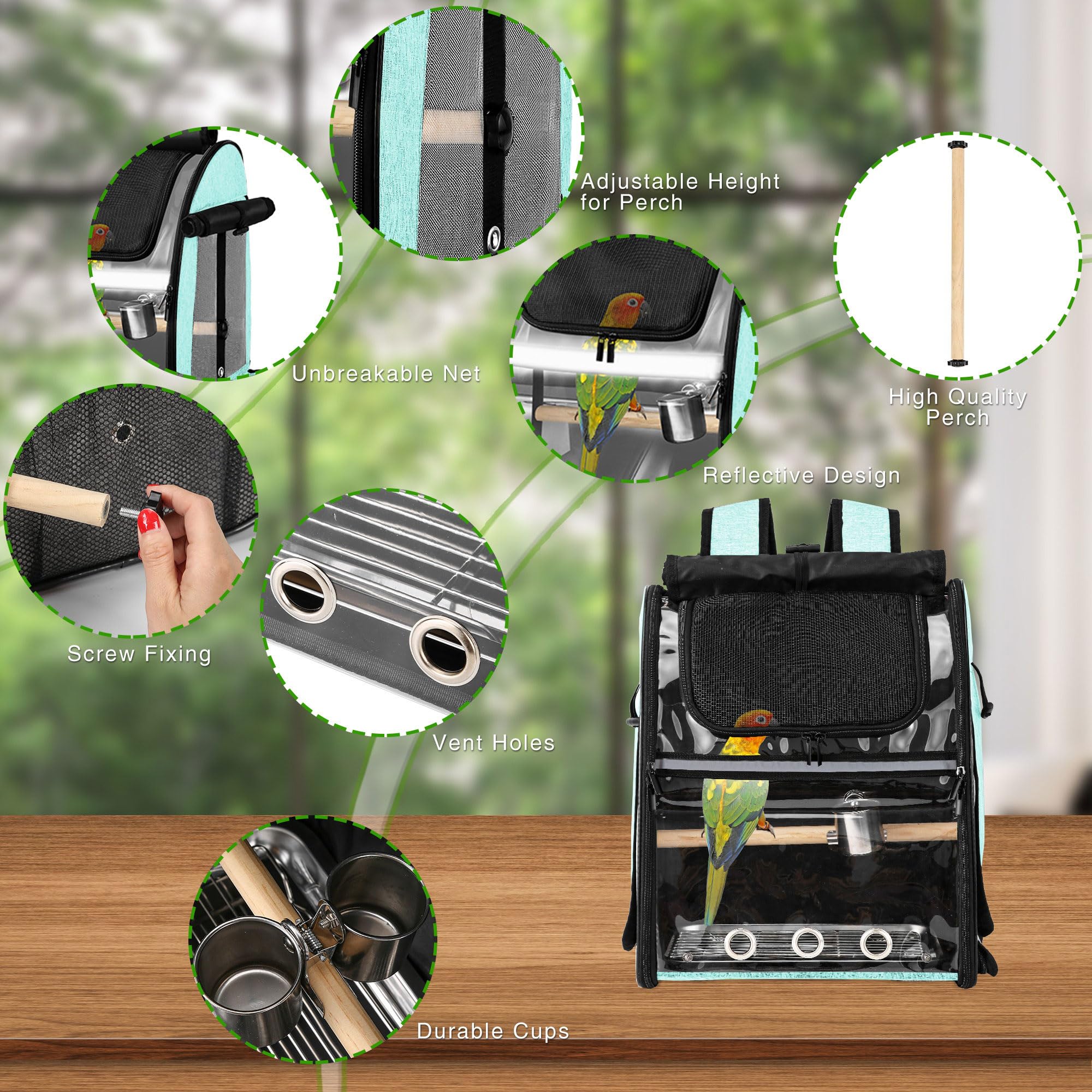 Suertree Bird Carrier Bag With Indestructible Stainless Steel Mesh, Bird Travel Cage With Stand, Easy To Clean Backpack For Parr