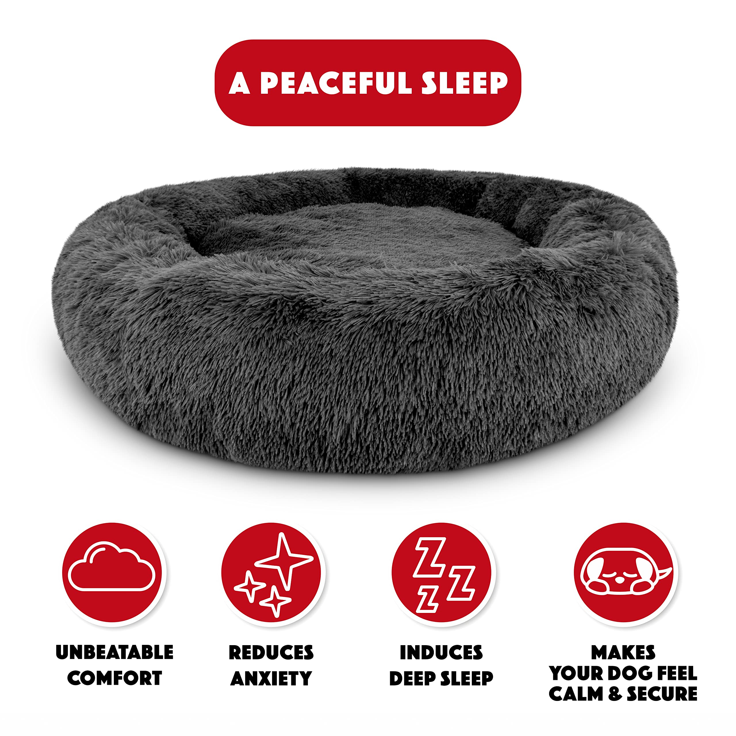 The Dogs Bed Sound Sleep Donut Dog Bed, XXL Grey Fur Calming Nest Bed Removable Cover, Veterinary Approved