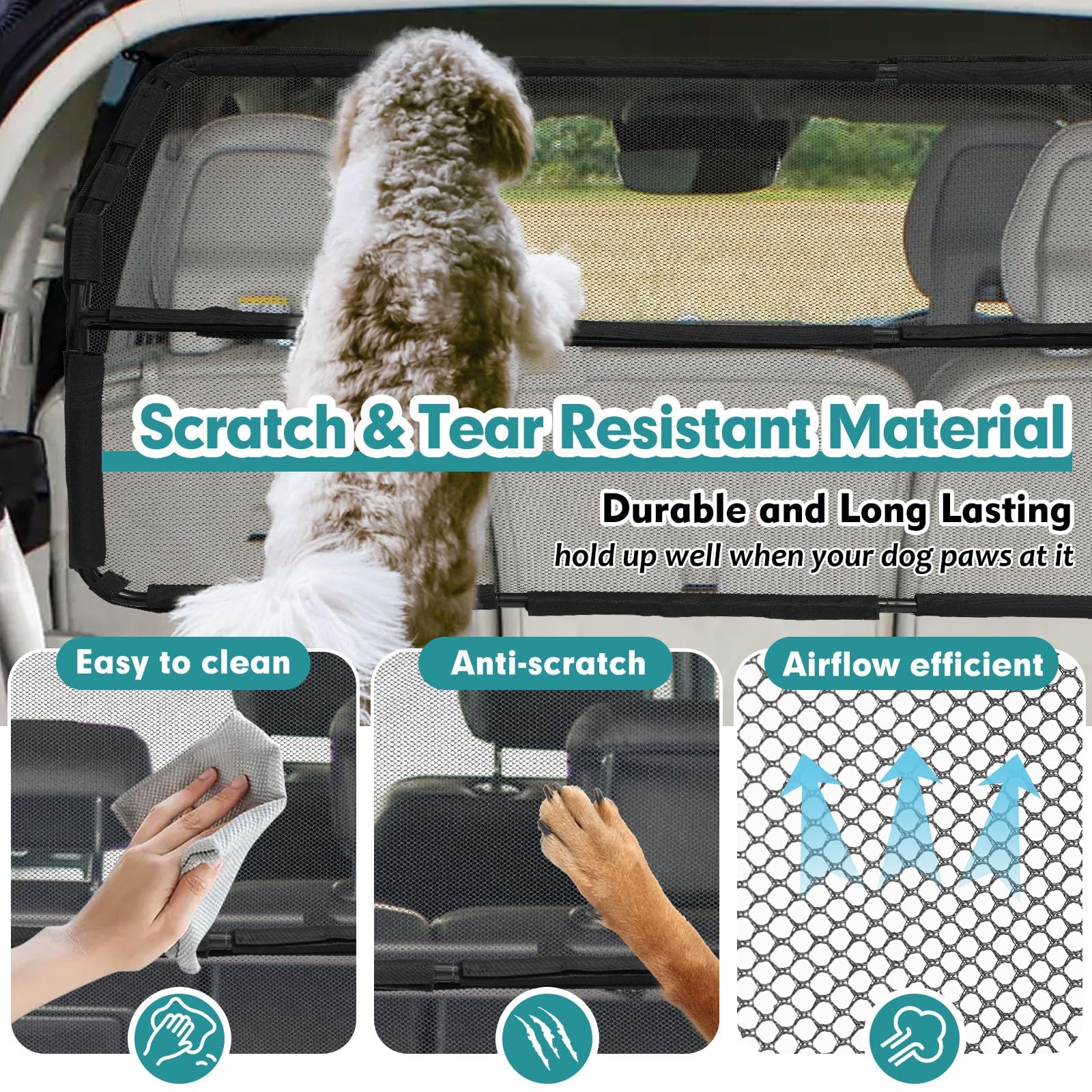 Dog Car Barrier Escape-Proof, 46' Wide Car Divider For 3Rd Row Seats & Cargo Area, Durable Cargo Area Dog Car Gate Trunk Barrier With See Through Net Mesh For Small Sized Suv & Vehicles Or Hatchback