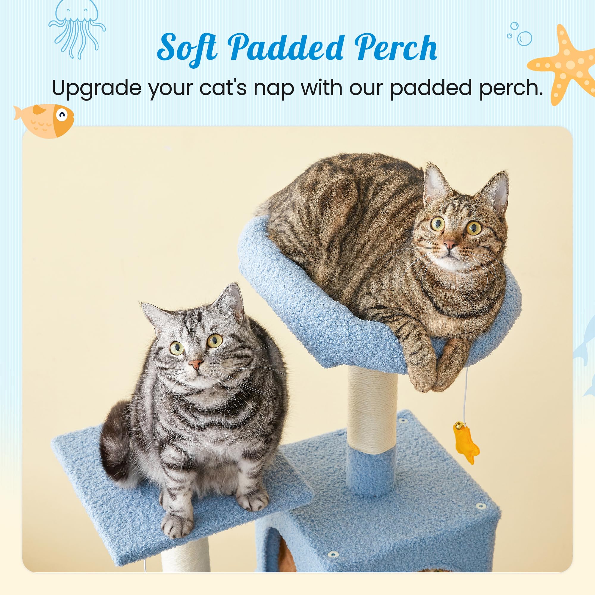 Mwpo Ocean-Themed Cat Tree For Indoor Cats, 63.8 Inches Multi-Level Tower With Sisal-Covered Scratching Posts, Padded Platform,