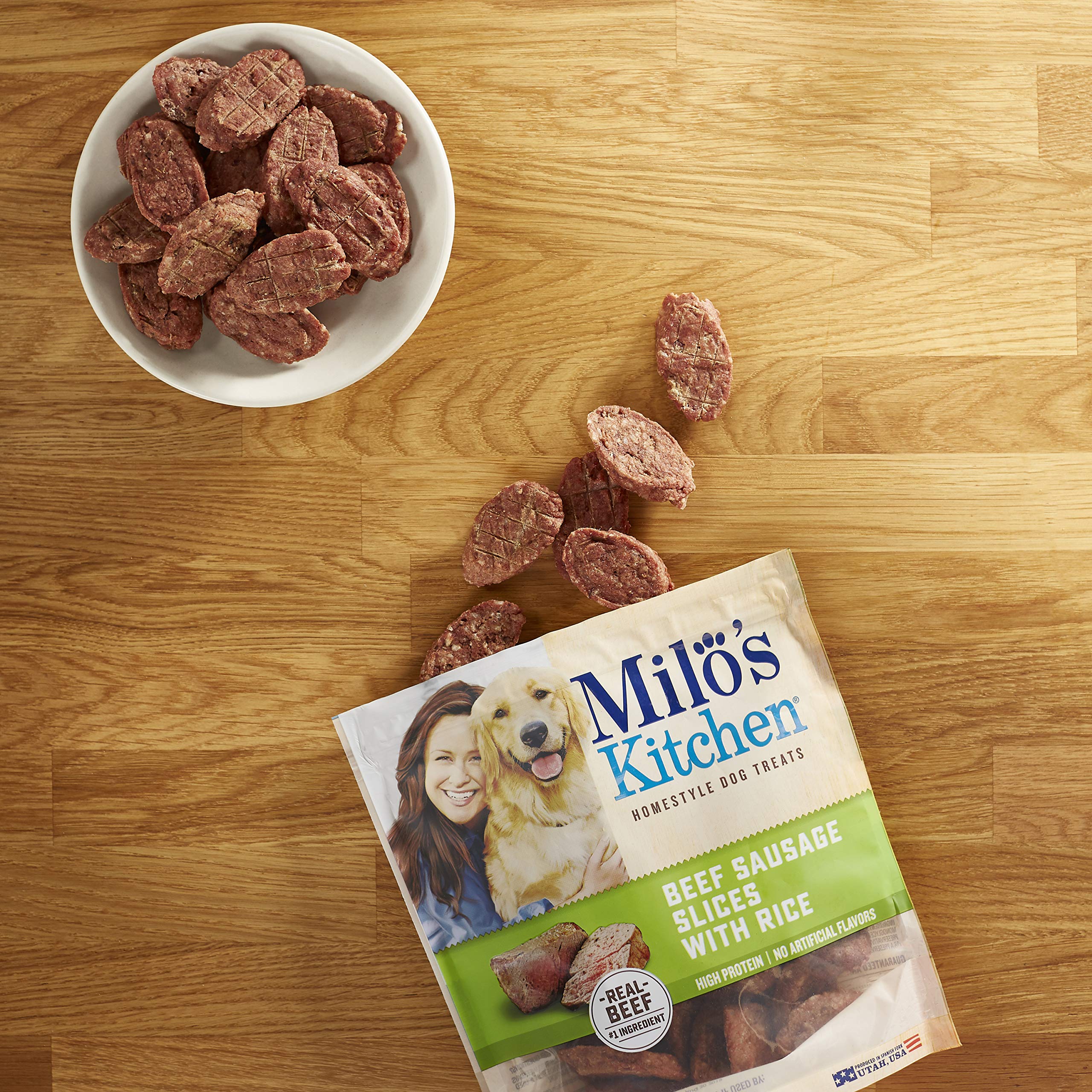 Milos Kitchen Home-Style Dog Treats 100% Real Beef Sausage Slices With Rice 3 Oz.