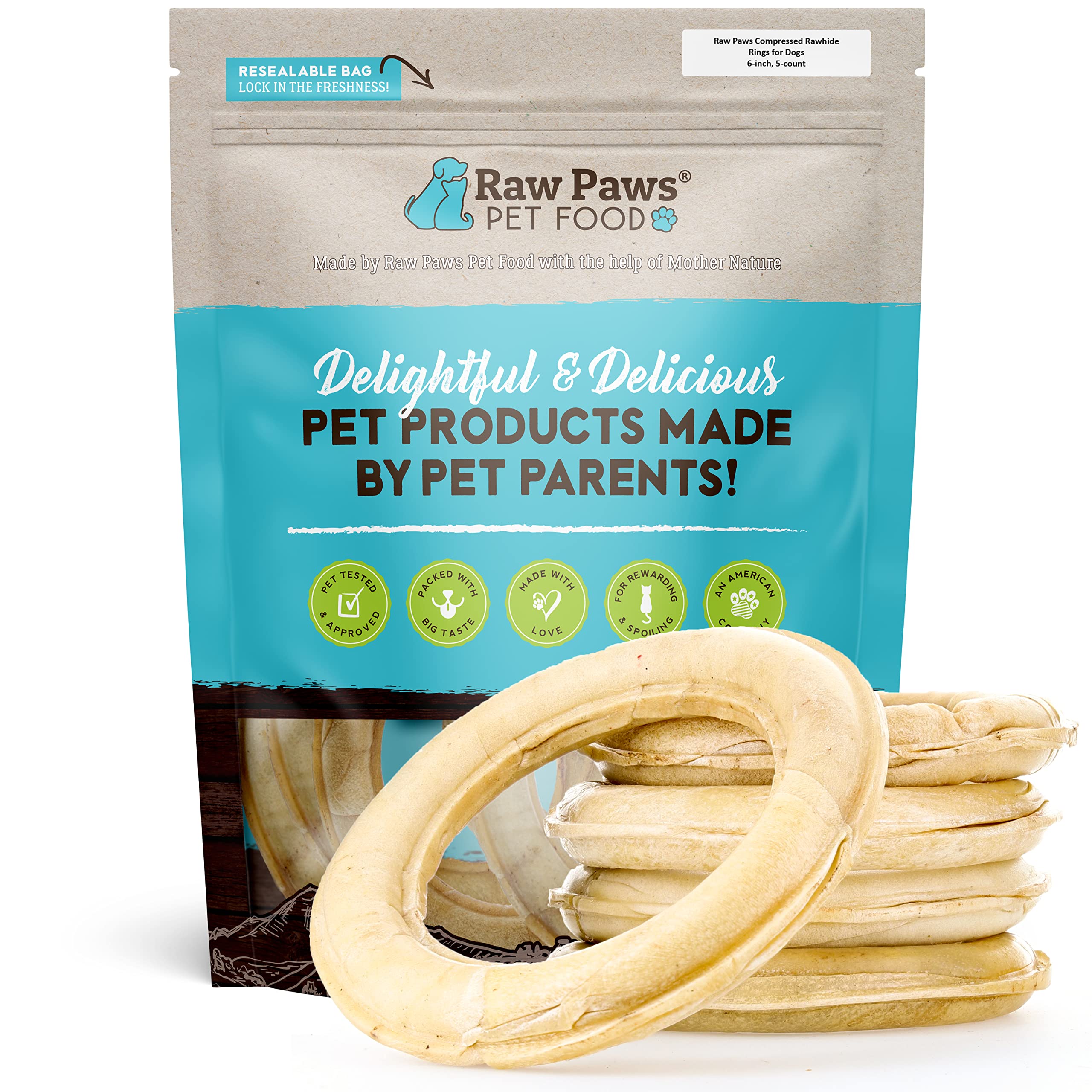 Raw Paws Compressed Rawhide Rings for Dogs, 6-inch, 5-Count - Packed in The USA - Rawhide Ring for Dogs - Digestible Rawhide Don